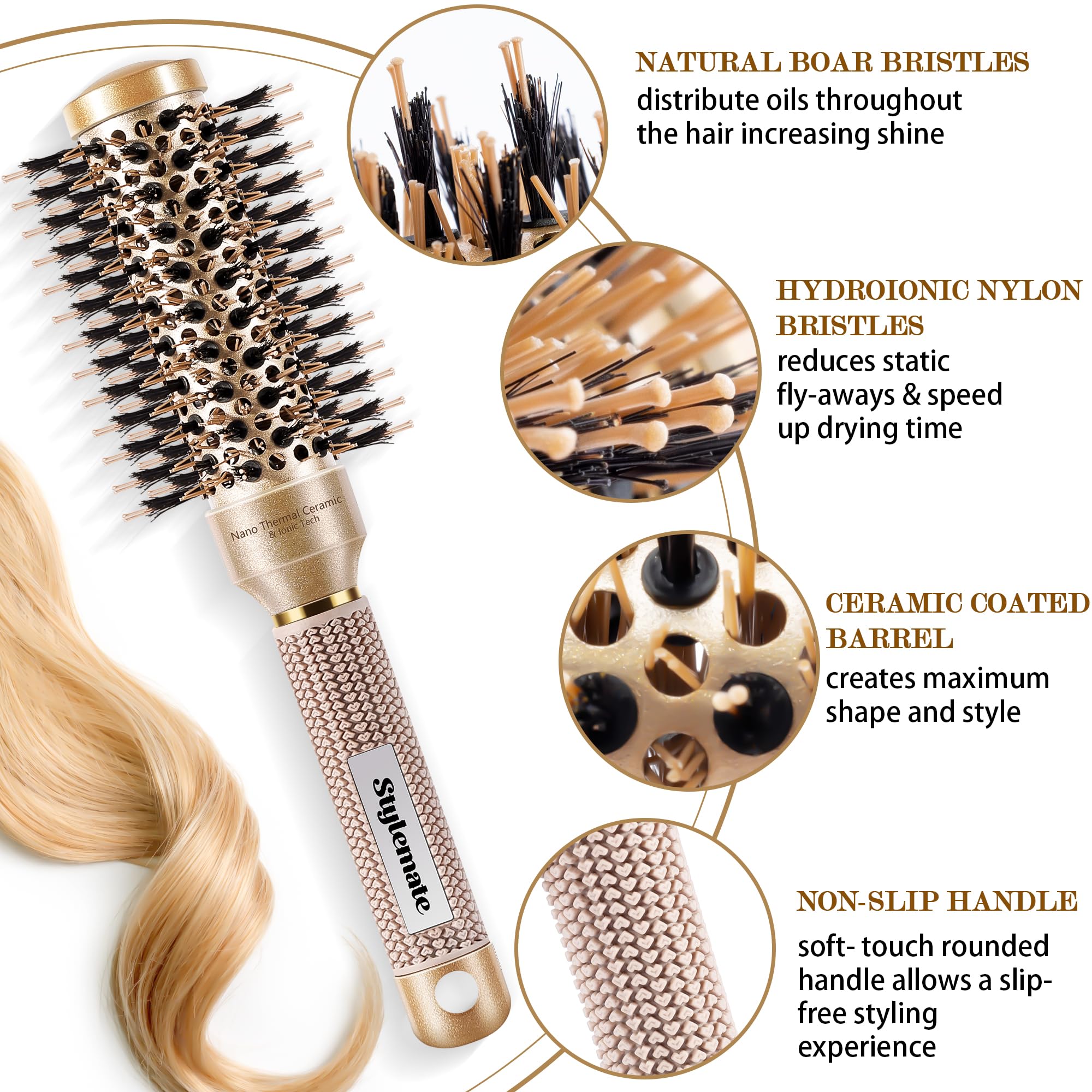 Round Brush For Blow Out, Nano Thermal Ceramic & Ionic Tech Round Barrel Hair Brush With Boar Bristles, Roller Brush For Blow Dr
