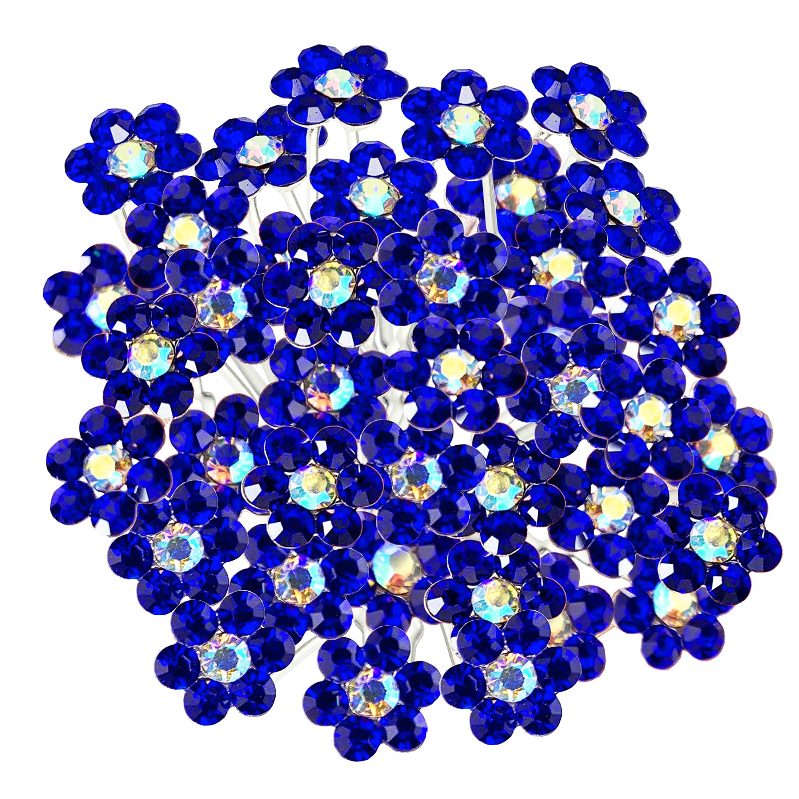 BETITETO Rhinestone Flower Hair Pins, 40 Pcs U-Shaped Crystal Party Wedding Bridal Hair Accessories for Women Girls (Blue)