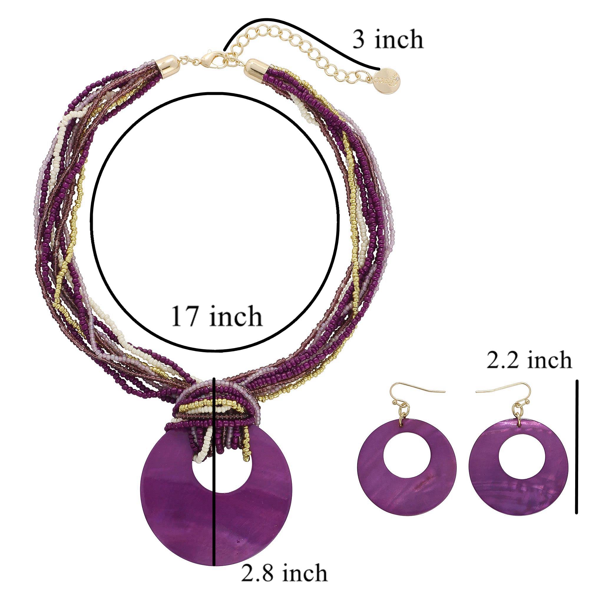 Coiris Multi Strand Statement Colorful Beaded Necklace with Big Circle Shell Pendant for Women (N0055-Purple)