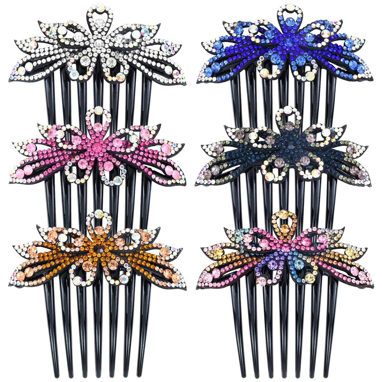 Lawie 6 Pack Large Crystal Rhinestone Side Comb Fancy Sparkly Jeweled Long Teeth Plastic Decorative Hair Combs Accessories Frenc