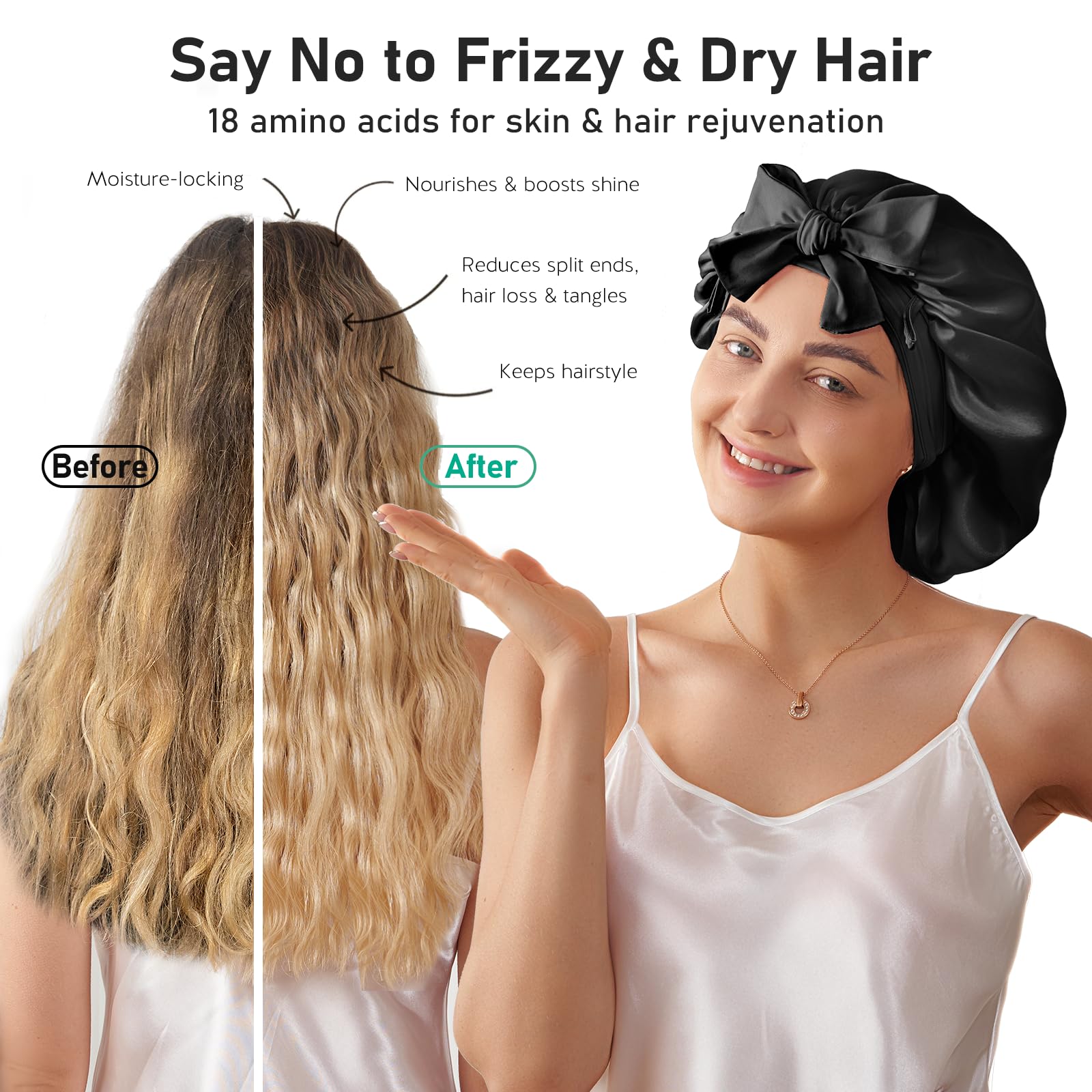 Litbear 100% Mulberry Silk Bonnet For Sleeping Women, 6A 22 Momme, Large Double-Layer Silk Hair Wrap With Tie Band, Non-Slip Sil
