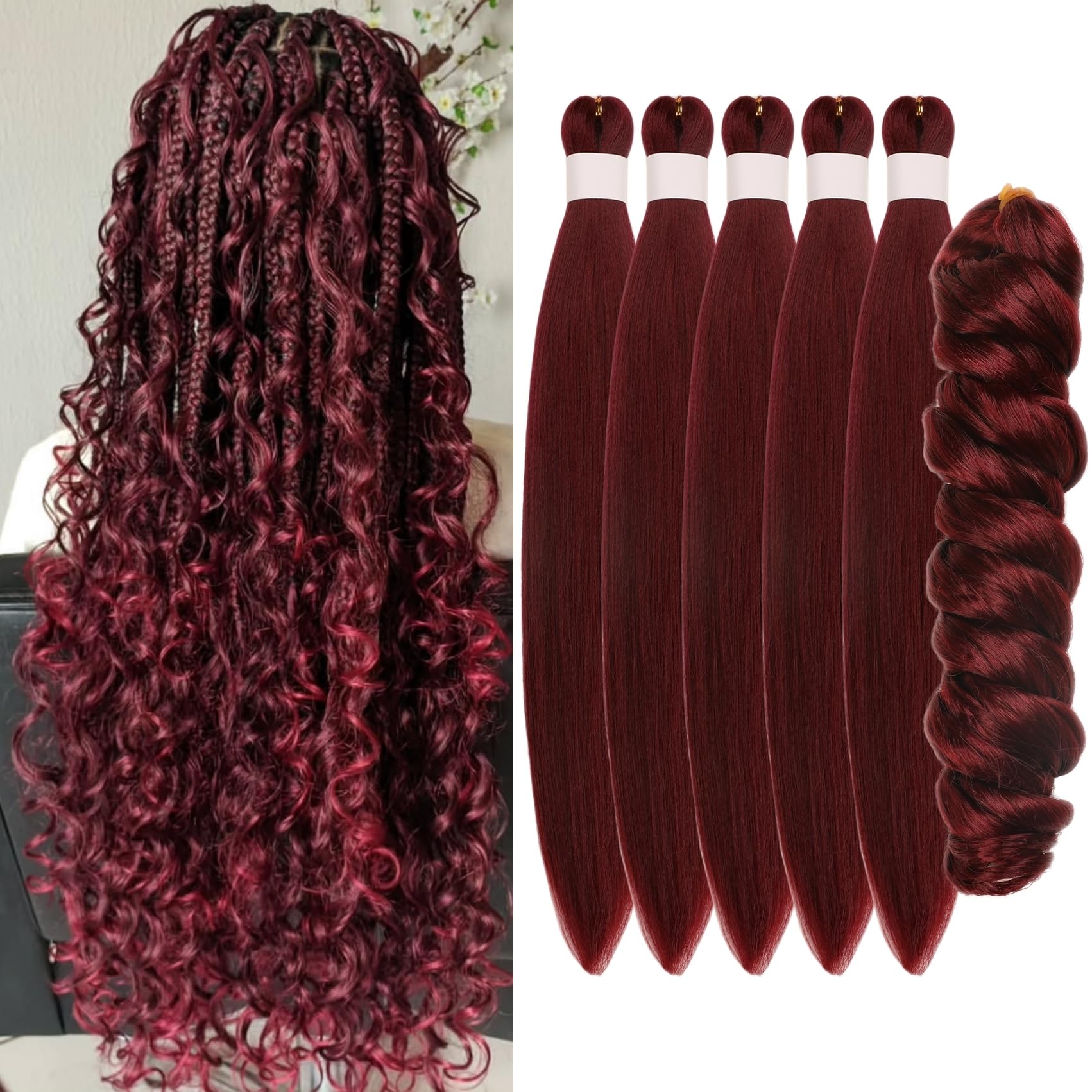 Burgundy Braiding Hair Pre Stretched Knotless Braiding Hair for Boho Braids Ocean Wave Boho Hair Extensions for Braiding (6 Pack