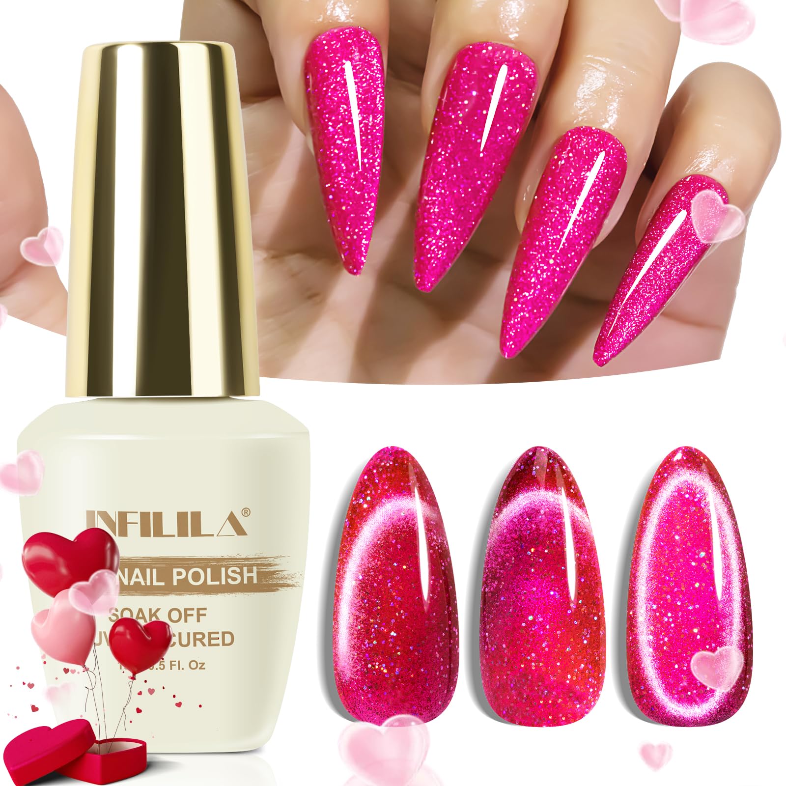 Nxj Infilila Cat Eye Gel Nail Polish,15Ml Pink Cat Eye Gel Polish, Pink Glitter Cat Eye Polish Magnetic Nail Polish Reflective H