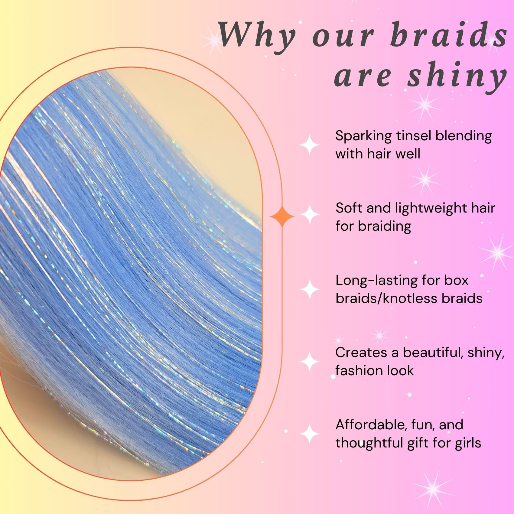 Sparkling Baby Blue Tinsel Braiding Hair Pre Stretched Glitter Braiding Hair Extensions For Knotless Box Braids(26Inch 4 Packs)
