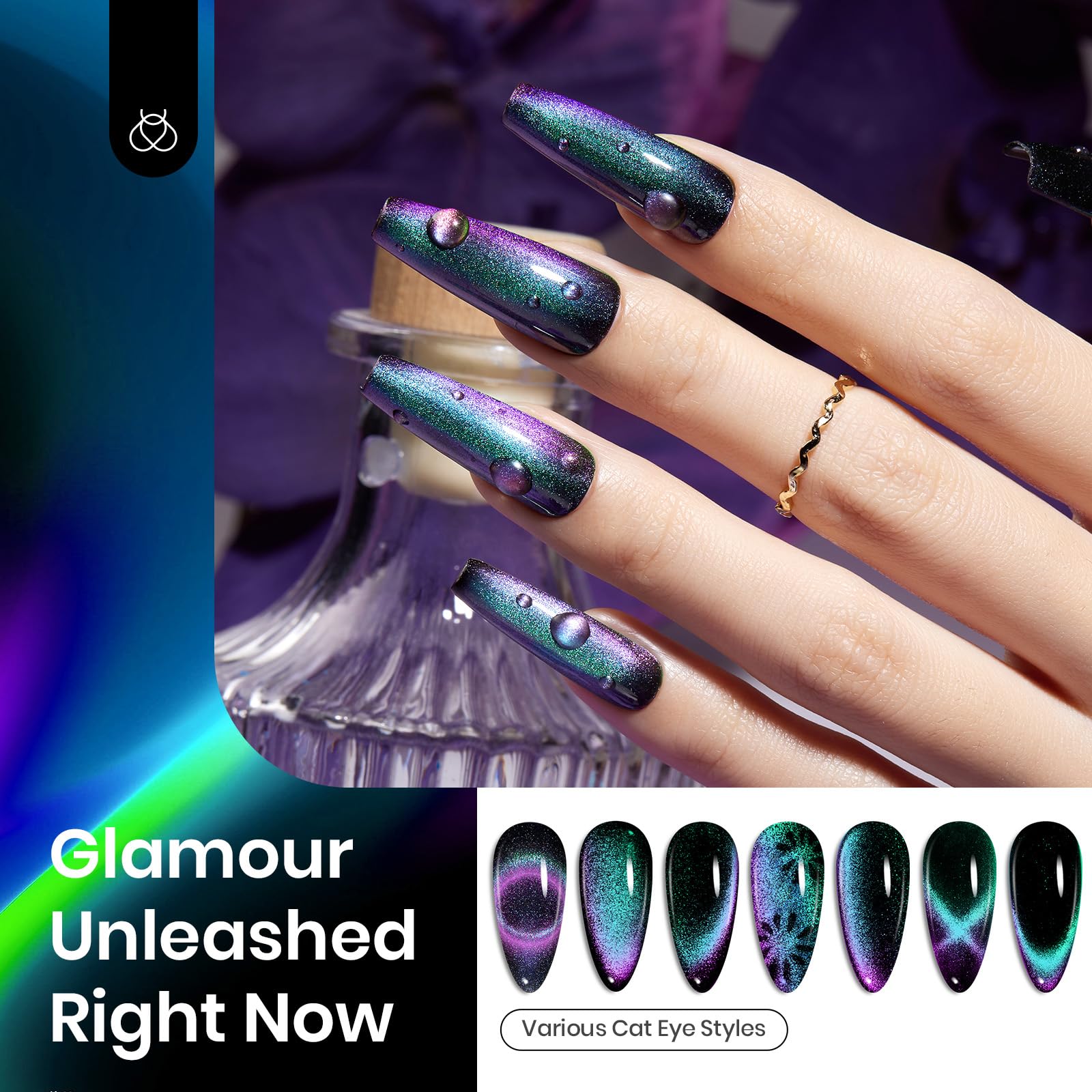 Beetles Cat Eye Chrome Nail Powder Set, 2 In 1 Holographic Metallic Mirror Effect Chameleon Galaxy Powder With No Wipe Uv Gel To