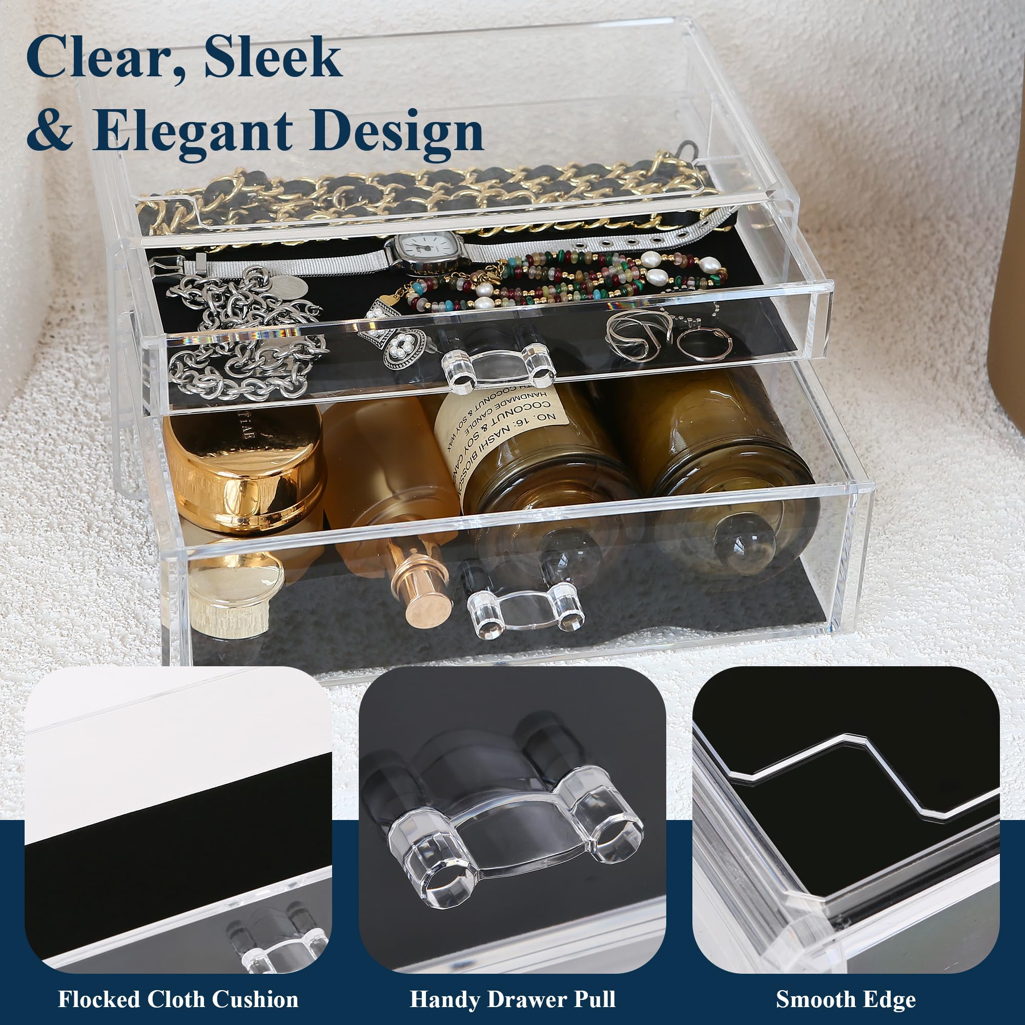Sea Team Clear Makeup Organizer with Drawers, Acrylic Plastic Cosmetic Display Case, Jewelry Storage Box, Holder for Dresser, Ba