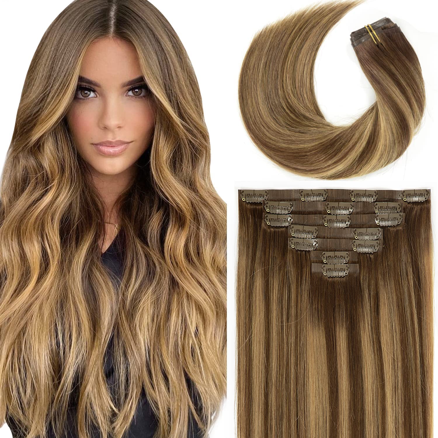 LacerHair PU Clip in Hair Extensions Remy Human Hair Chocolate Brown to Caramel Blonde with Brown Roots 22 Inch Thick Remy Glam