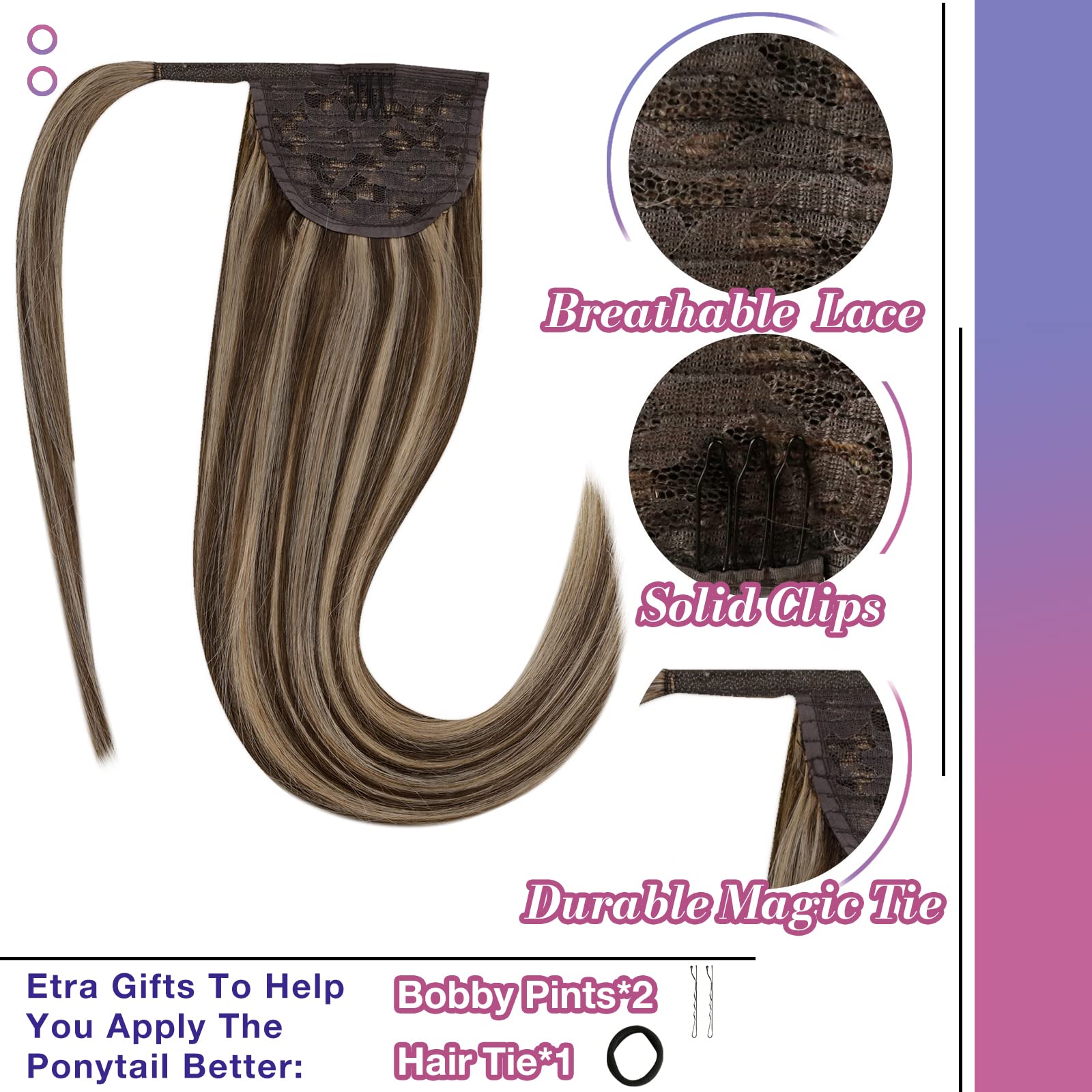 Hetto Blonde Highlighted Wrap Around Ponytail Human Hair 18 Inch 80g Long Ponytail Extension Human Hair Brown Highlight Blonde M