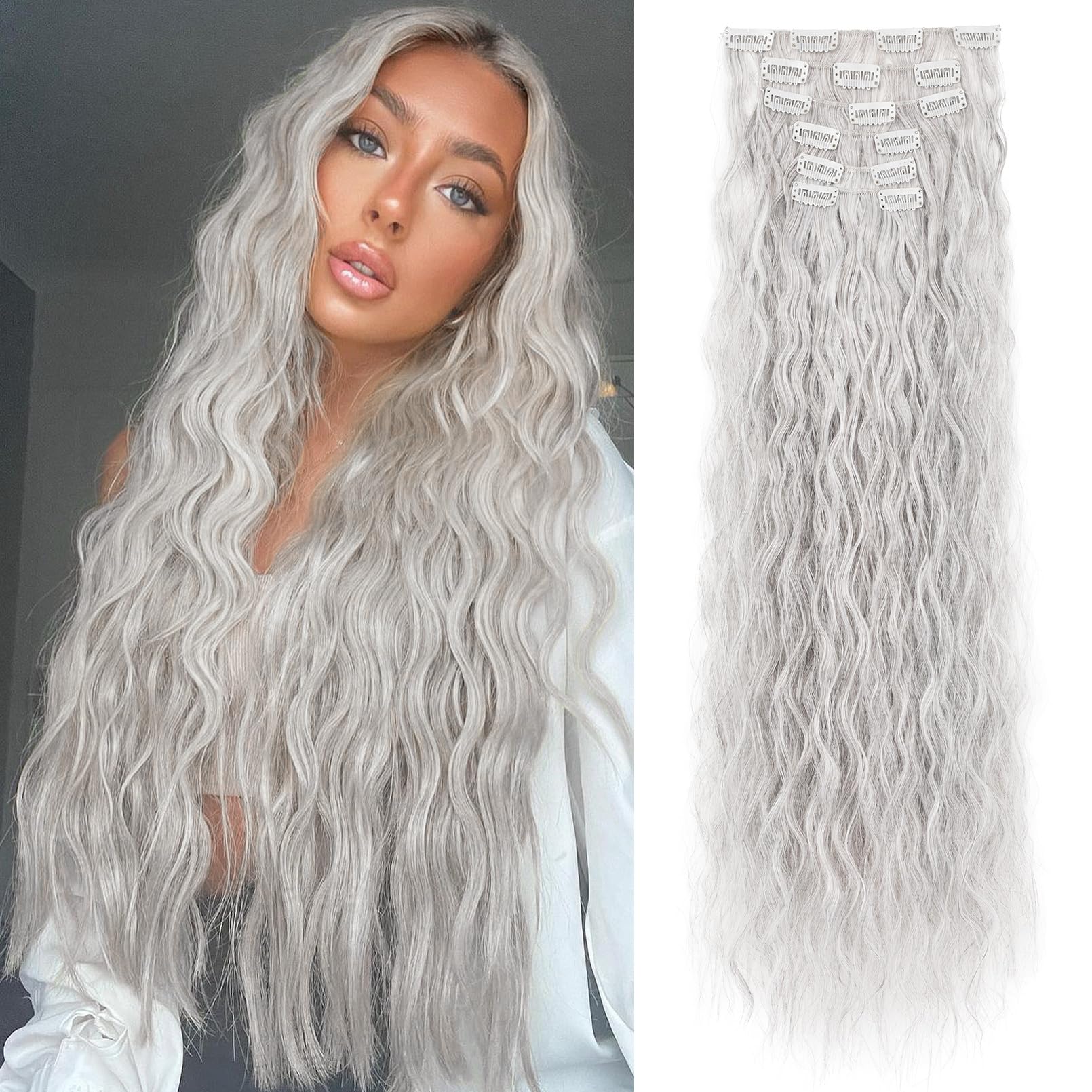 LONAI Clip In Hair Extensions, 6PCS Curly 24 '' Long Synthetic Clip On Hairpiece For Women-Grey/Silver/White Mixed