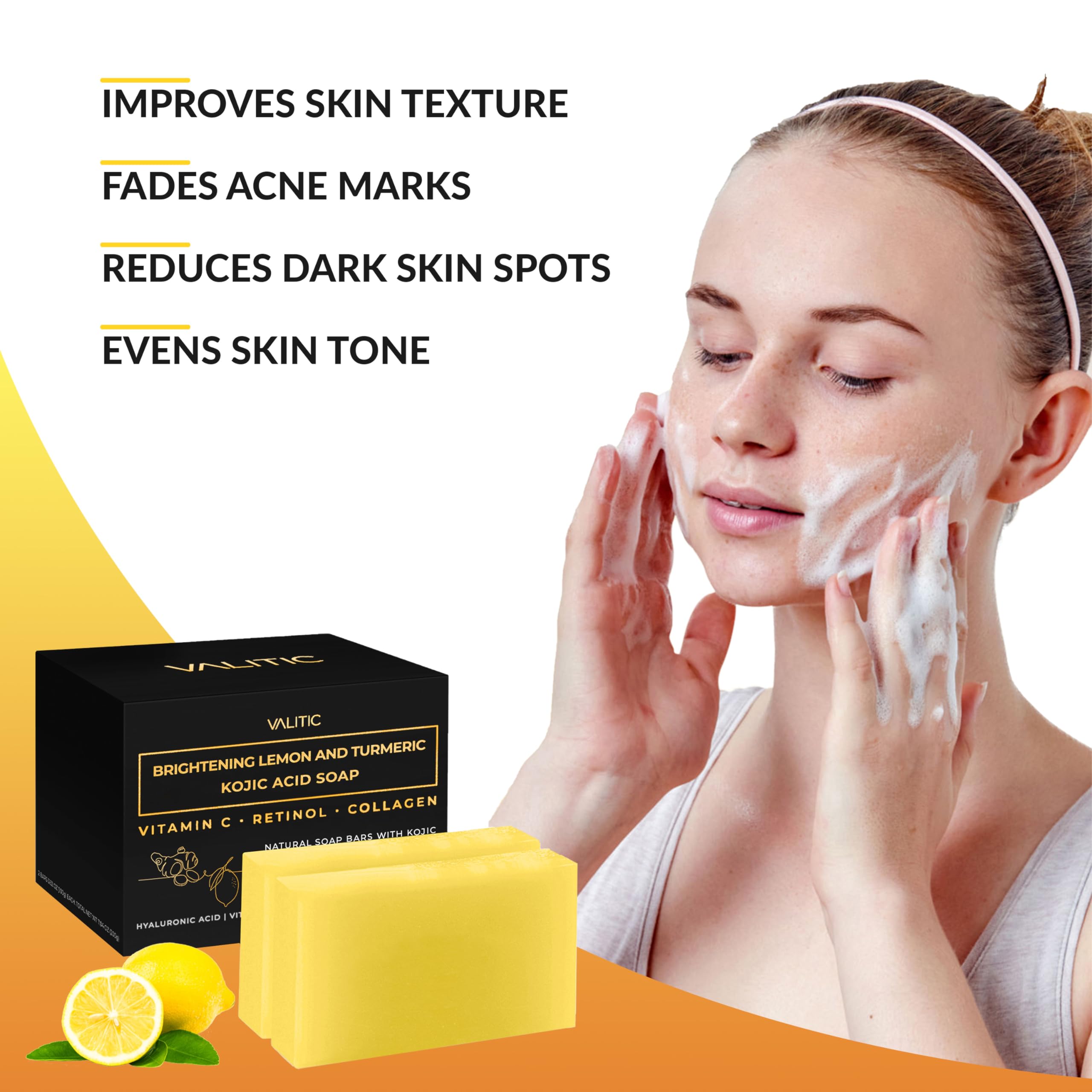 Valitic Brightening Lemon & Turmeric Kojic Acid Soap With Vitamin C, Retinol, Collagen - Original Japanese Complex - With Hyalur