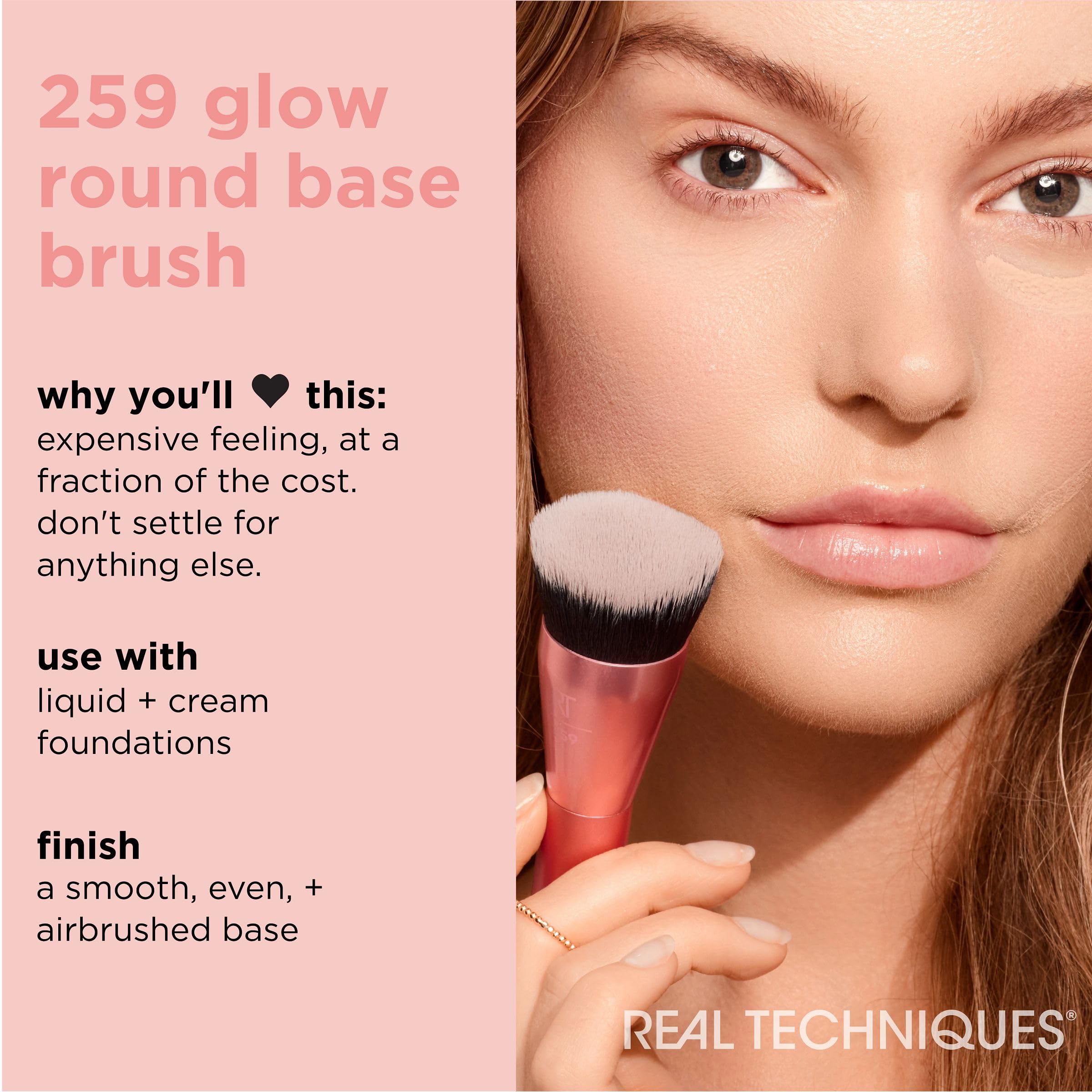 Real Techniques Glow Round Base Makeup Brush - Flat Top Foundation Brush, Synthetic Bristles, Vegan, Pink, Model 10012600