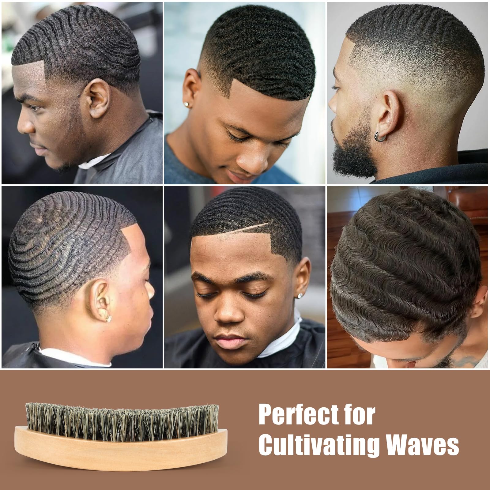 Curved 360 Wave Brush For Men, Medium Hard Palm Wave Brush For Laying Down 360 Waves, Made With Natural Boar Bristle And Wood, E