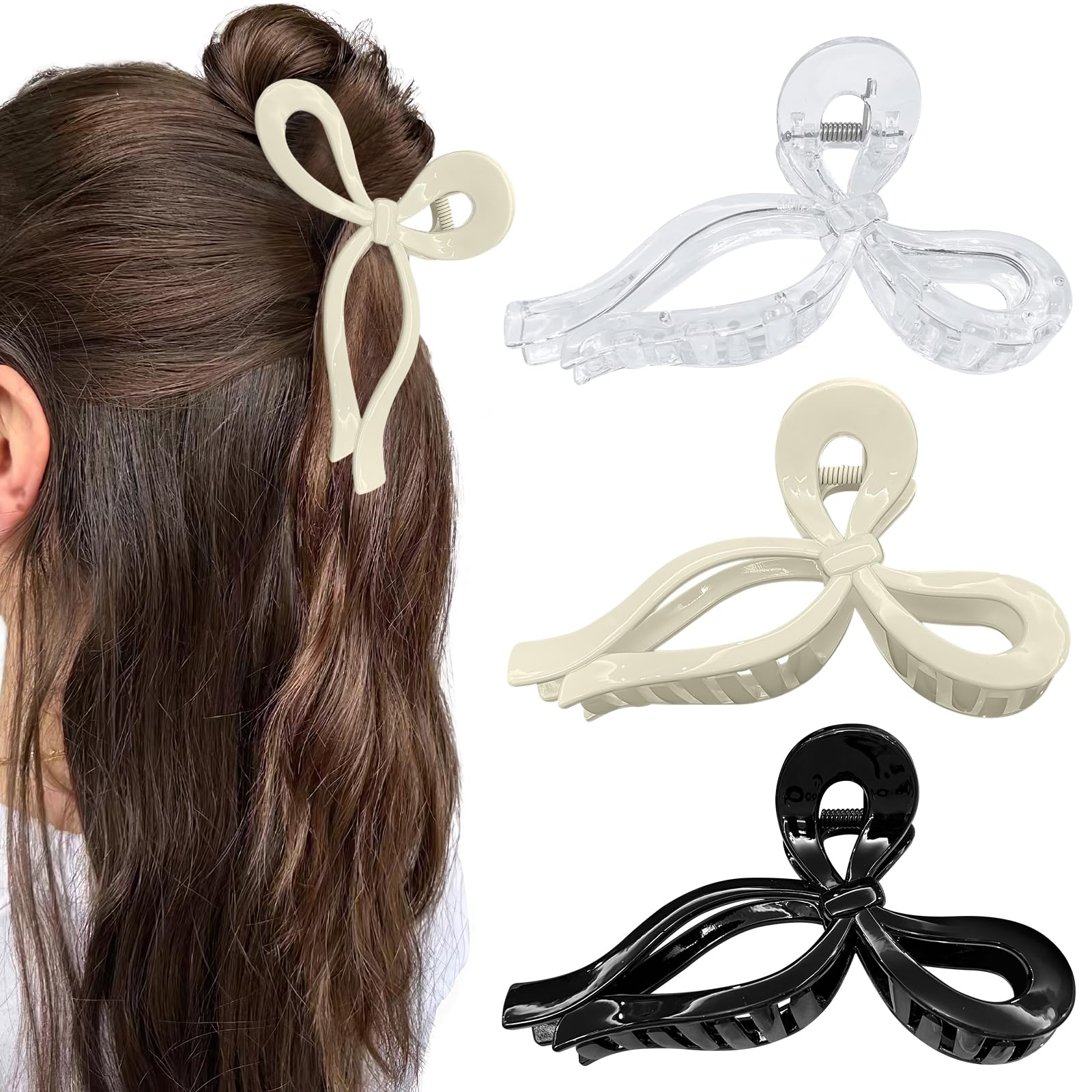 Bmobuo Bows Claw Clip 3Pcs Thick Hair Clips - 5.1'' Cute Black Ribbons for Women and Girls