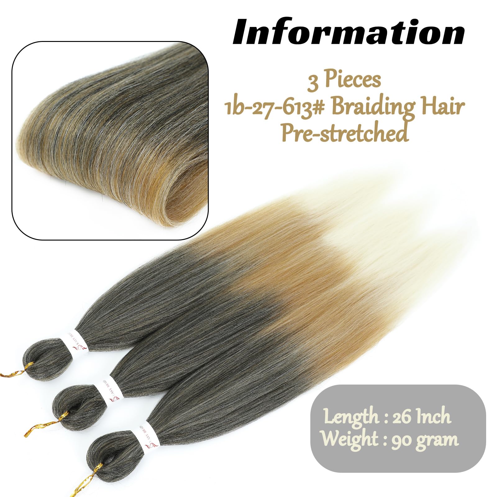 Royota 1B/27/613 Pre Stretched Braiding Hair 3 Packs 26 Inch Low Temperature Synthetic Fiber Colored Yaki Crochet Hair Ombre Ez