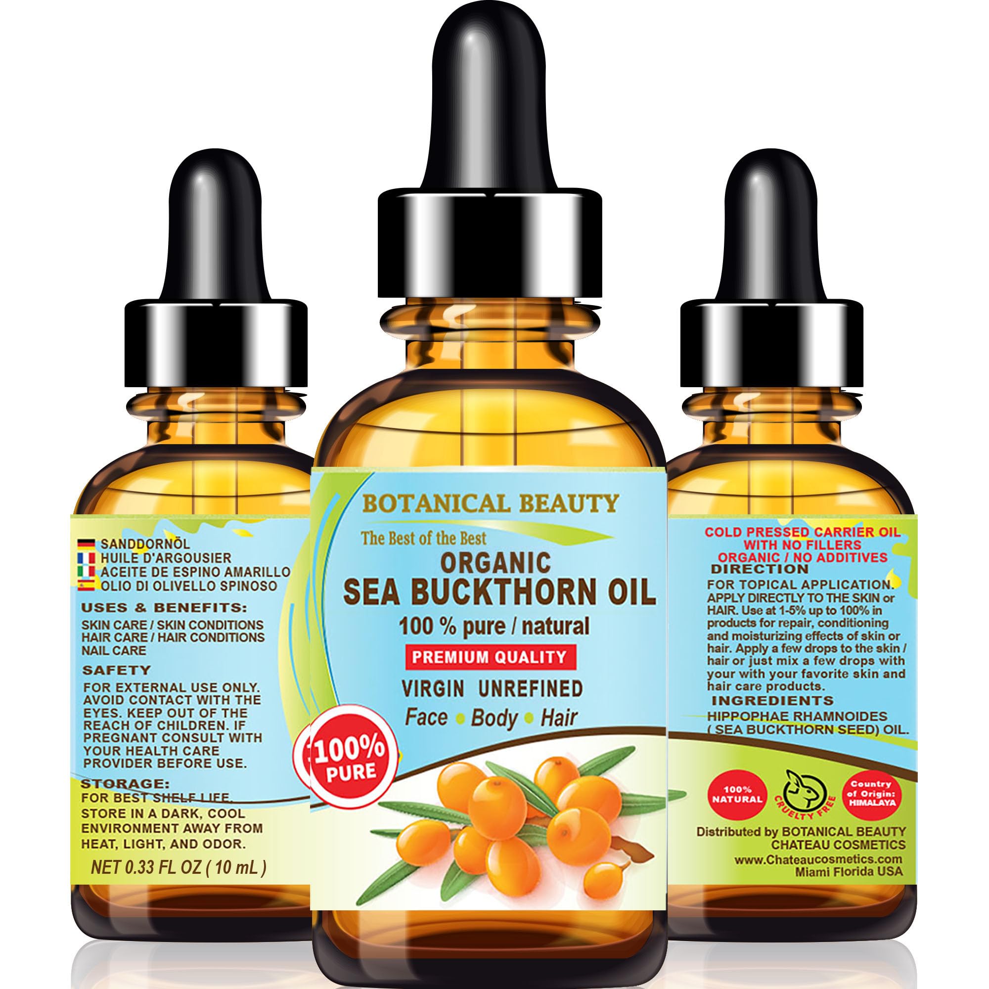 Botanical Beauty Organic Sea Buckthorn Oil 100% Pure Natural Virgin Unrefined Cold Pressed Carrier Oil 0.33 Fl. Oz.- 10 Ml For F