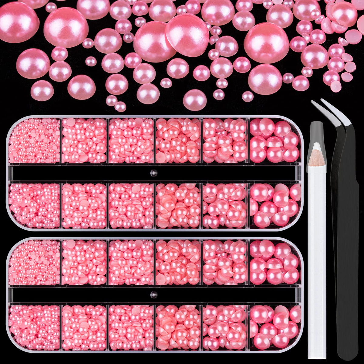 Belleboost Flat Back Pearls Kits 2 Boxes of Flatback Pink Half Round Pearls with Pickup Pencil And Tweezer for Home DIY And Prof