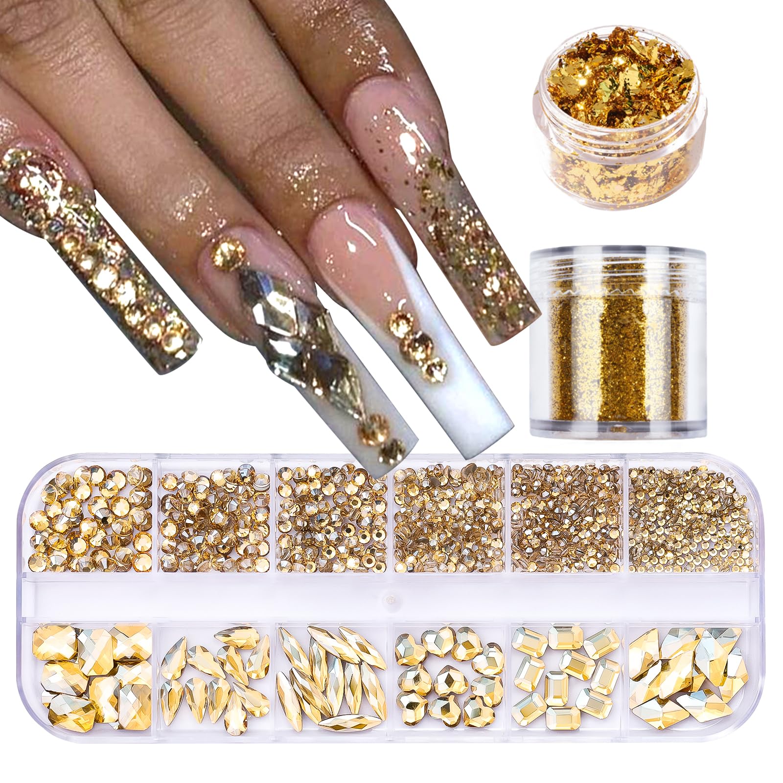 VOTACOS Nail Art Rhinestones Flatback Rhinestones Gold Nail Charms Multi Shapes Crystal Nail Art Supplies Mixed Nail Glitter Gol
