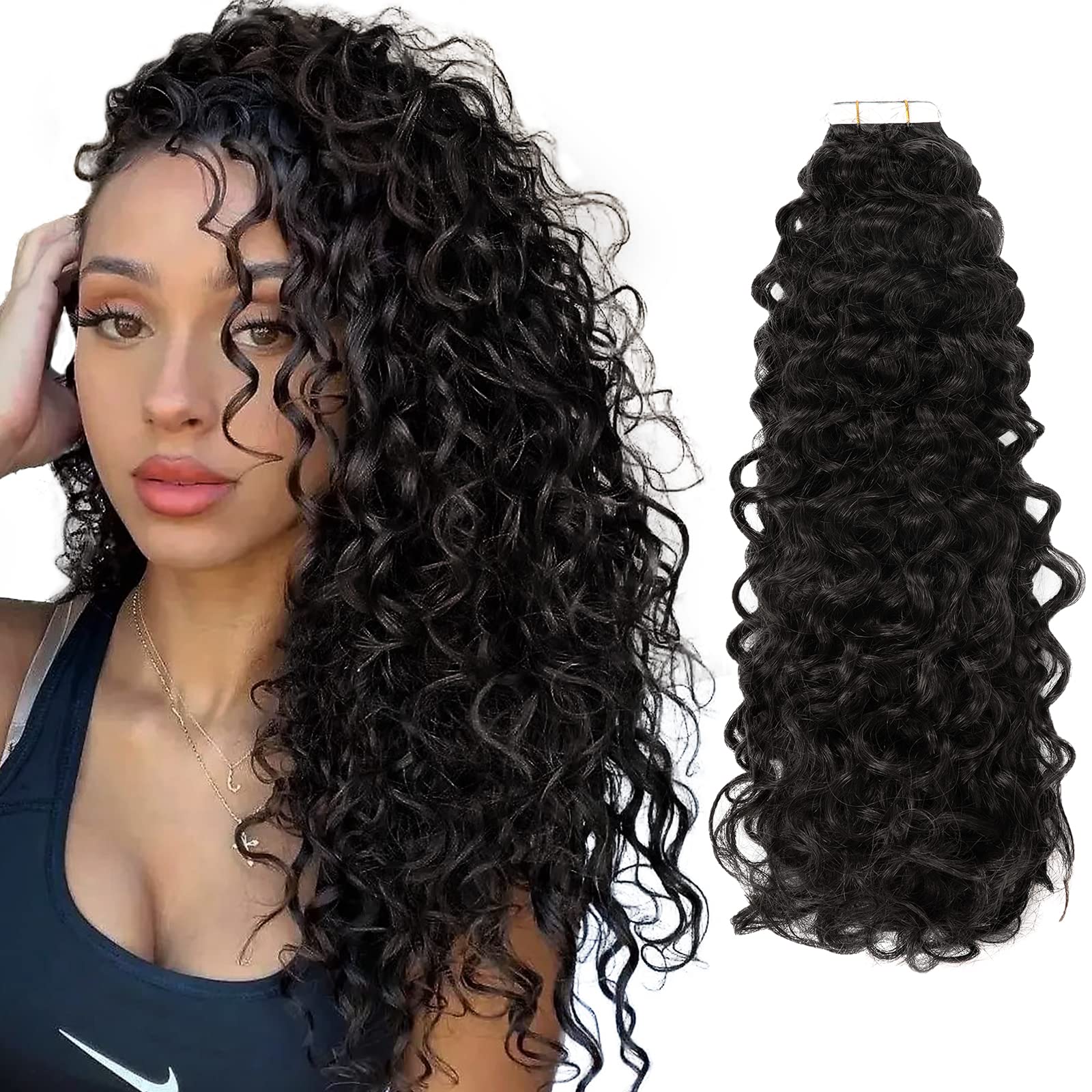 Lacer Curly Tape In Hair Extensions Real Human Hair Extensions 14 Inch Natural Black 1B Color, Tape In Hair Extensions Human Hai