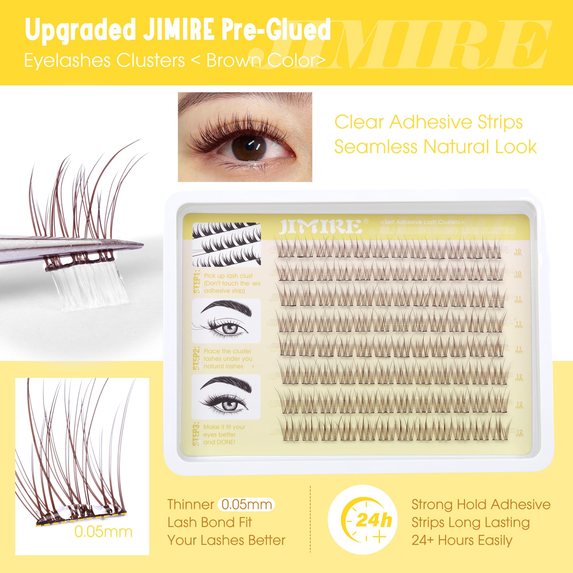 Jimire Brown Self Adhesive Eyelashes Press On Lash Clusters Natural Look Pre Glued Brown Cluster Eyelash Extension Wispy 10-12Mm