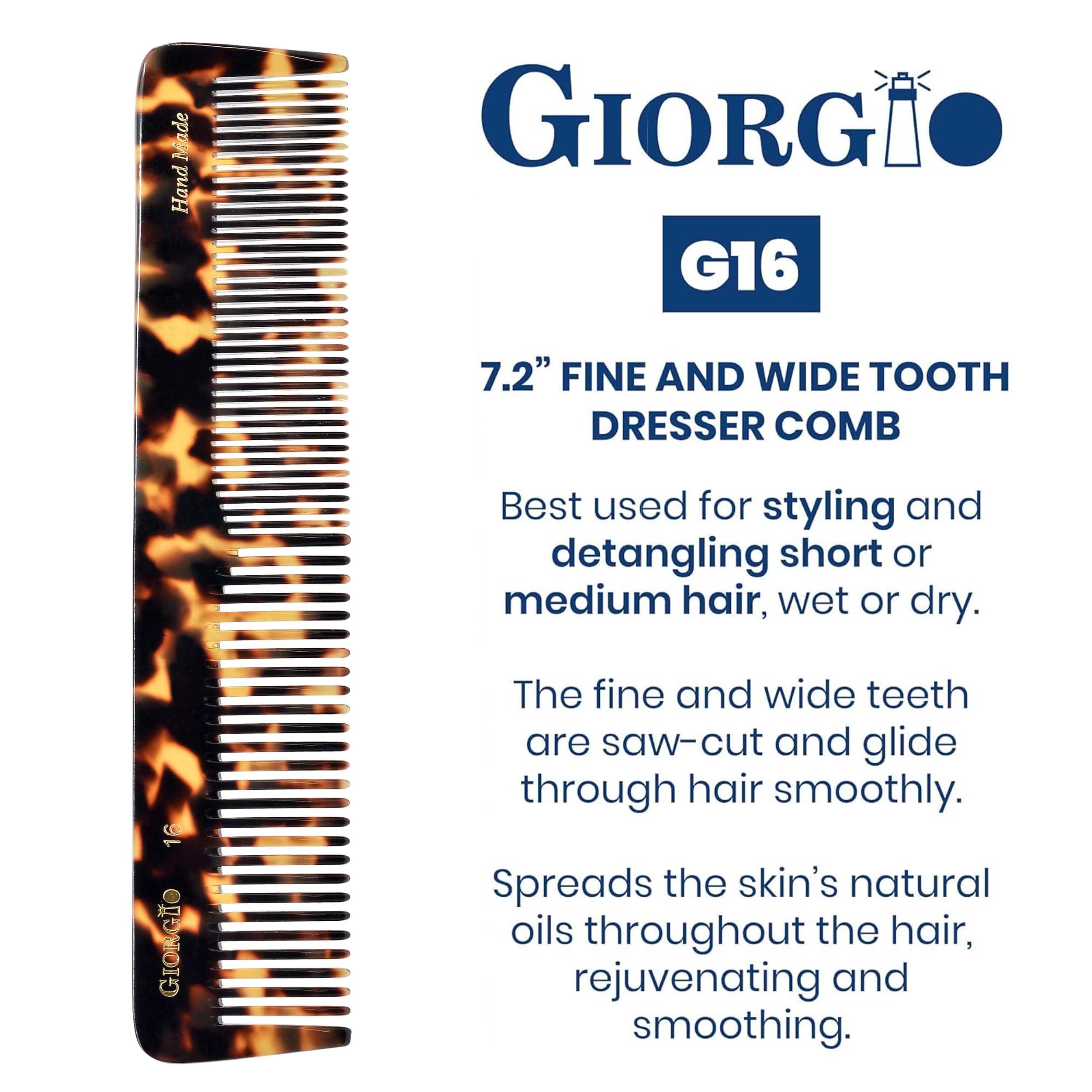 GIORGIO Hair Comb and Detangler Comb, 7.2 Inch Tokyo Shell Finish, Handmade Hair Styling Barber Comb for Men and Women, Saw Cut