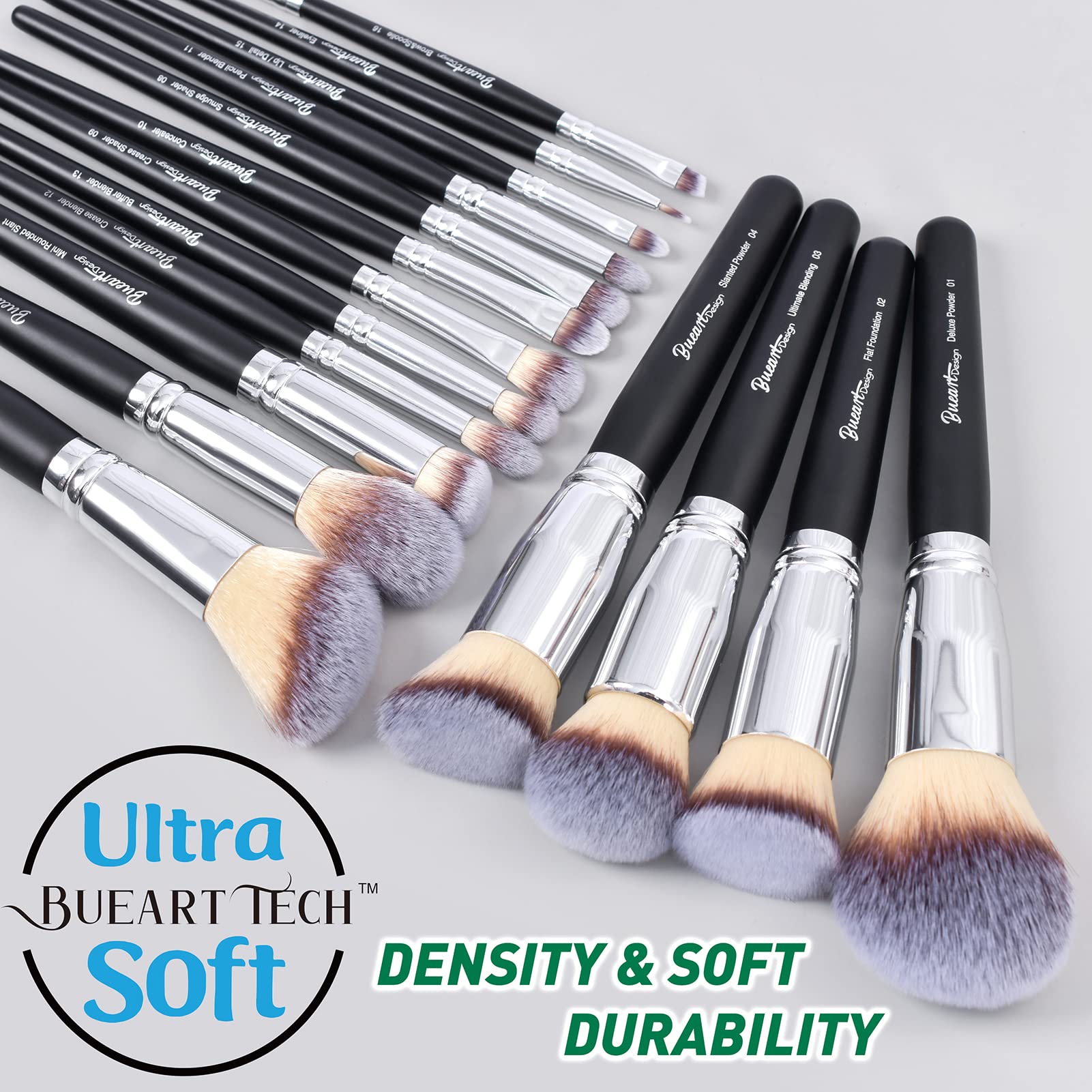 Bueart Design 16Pcs Ultra Soft Black Labeled Makeup Brushes Set Contains Large Powder Flat Foundation Blending Blush Face Contou