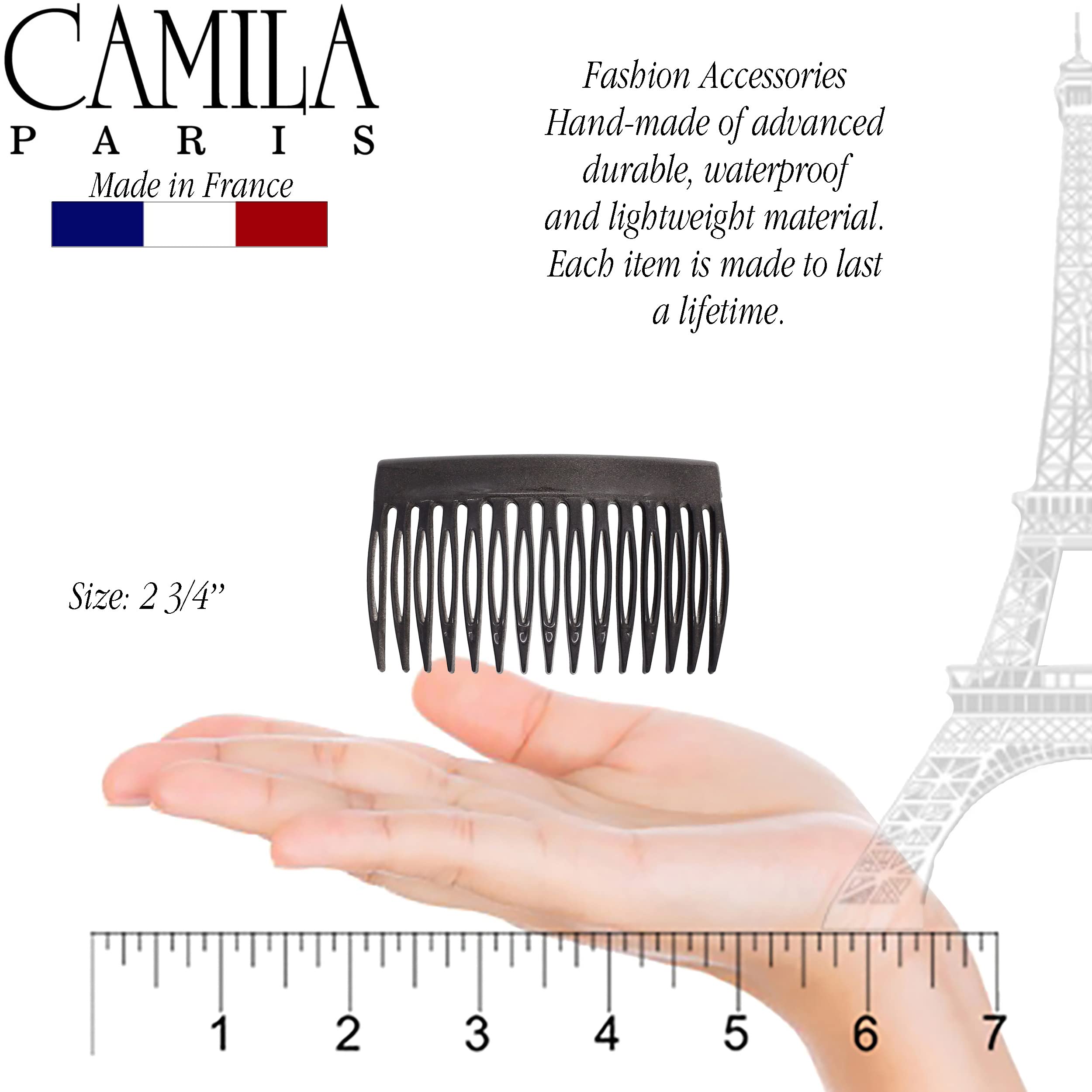Camila French Hair Side Comb CP3113, Small Curved Gray, Strong Hold Cellulose Acetate Hair Clip for Women Bun & Up-Do Styling