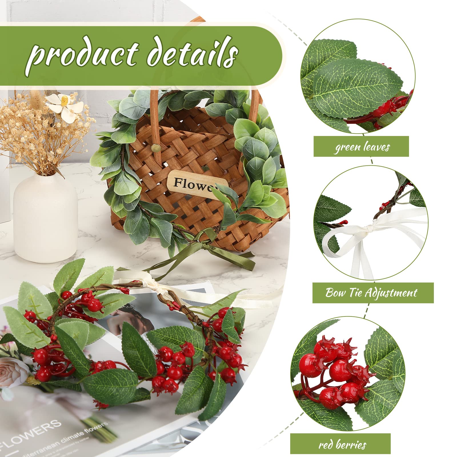 Yilloog 2 Pcs Green Hawaiian Flower Crown Headpiece, Artificial Berry & Leaf, Boho Bridal Hair Wreath for Wedding & Festival