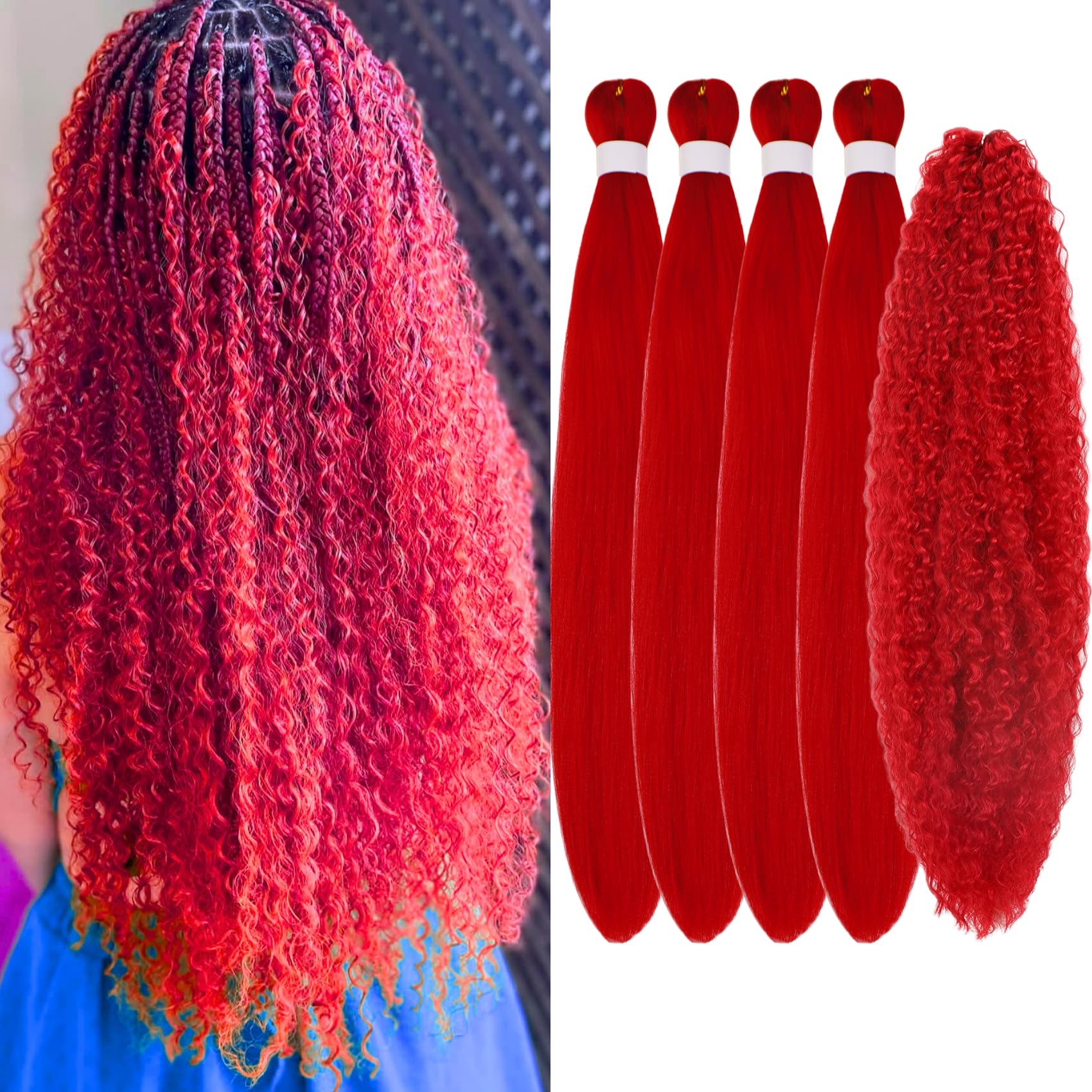 Red Braiding Hair Pre stretched Boho Hair for Mermaid Braiding Hair Extensions Micro Curl Boho Braids Curly Crochet Bohemian Bra