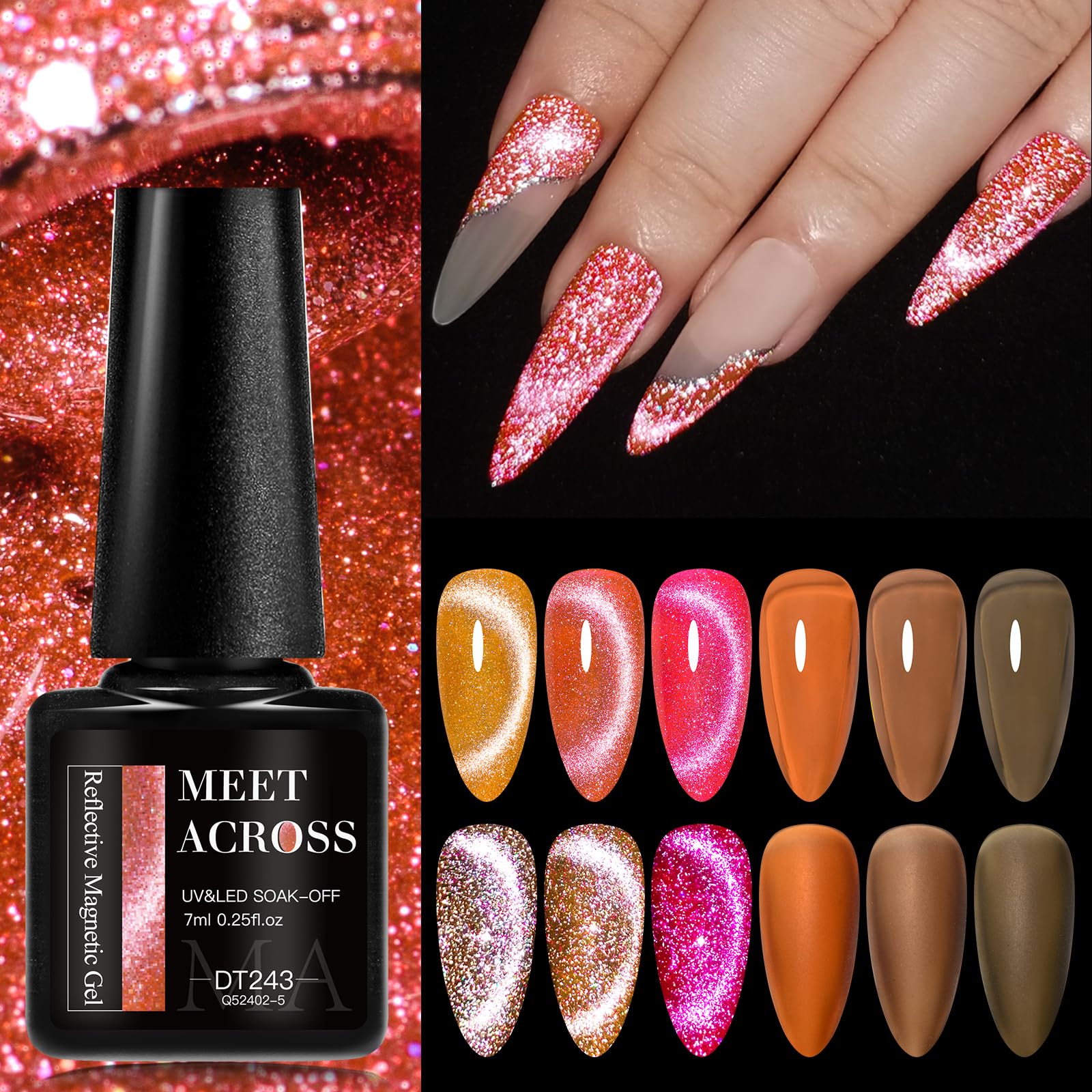 MEET ACROSS Jelly Cat Eye Gel Nail Polish Set Crystal Gel Polish Kit 6PCS Glitter Gel Polish Set Cat Eye Reflective Magnetic Nai
