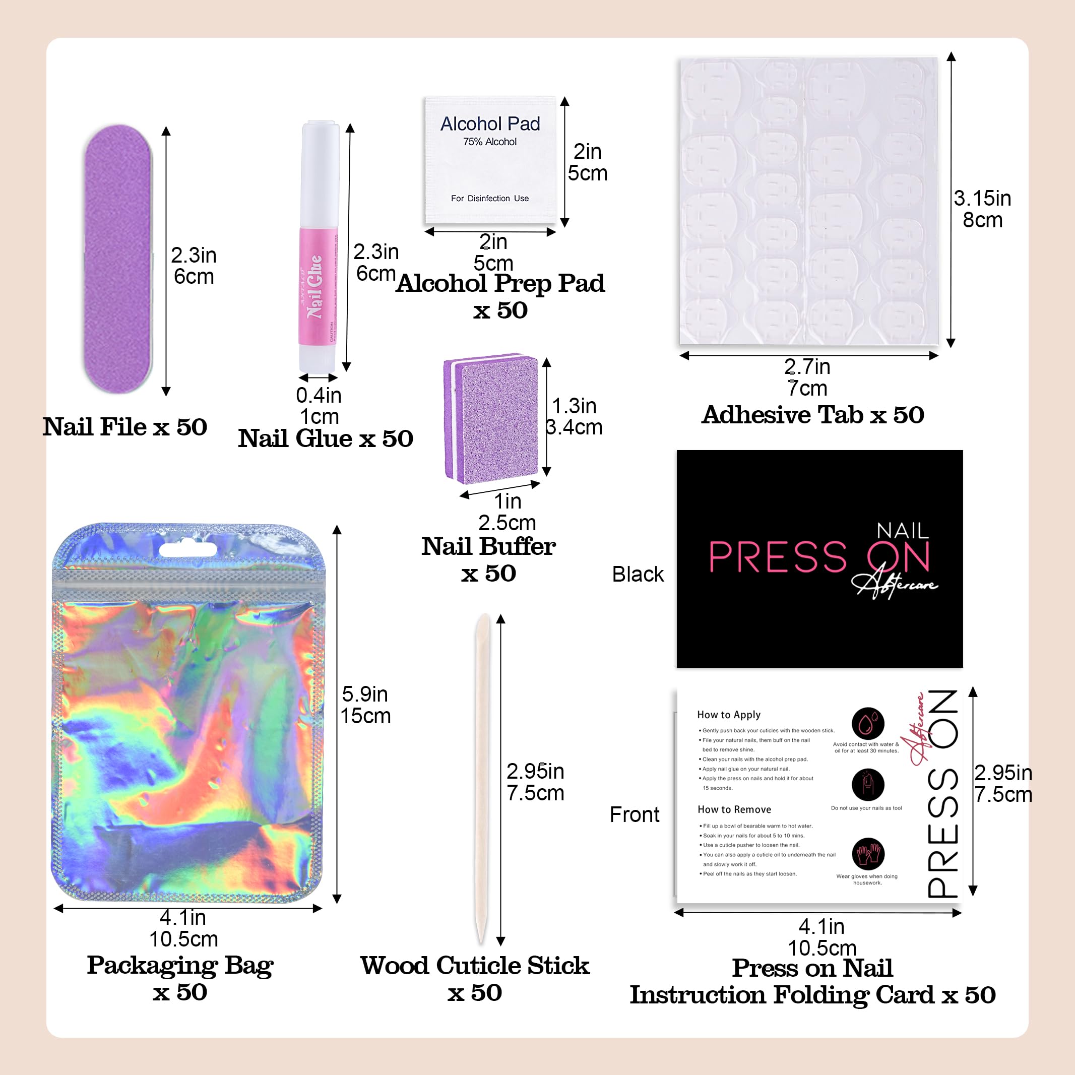 50 Set Press On Nail Tool Prep Kit For Nail Salon Business, Disposable Manicure Kit, Nail File, Buffer, Nail Glue, Prep Pad, Ins