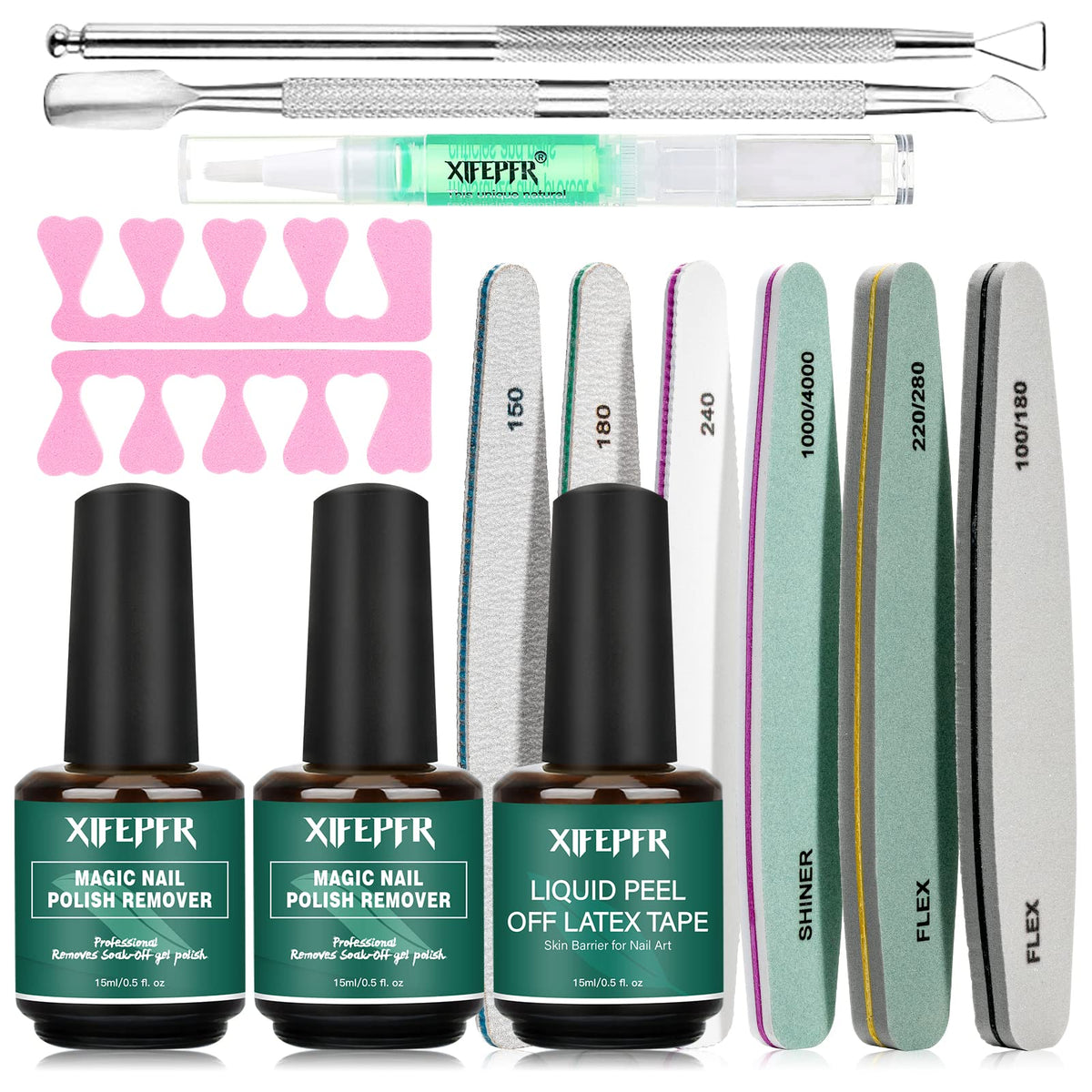 XIFEPFR Gel Nail Polish Remover Kit, 2 Pack Gel Polish Remover with Liquid Latex, Nail Buffer and File, Cuticle Tool, Magic Gel 