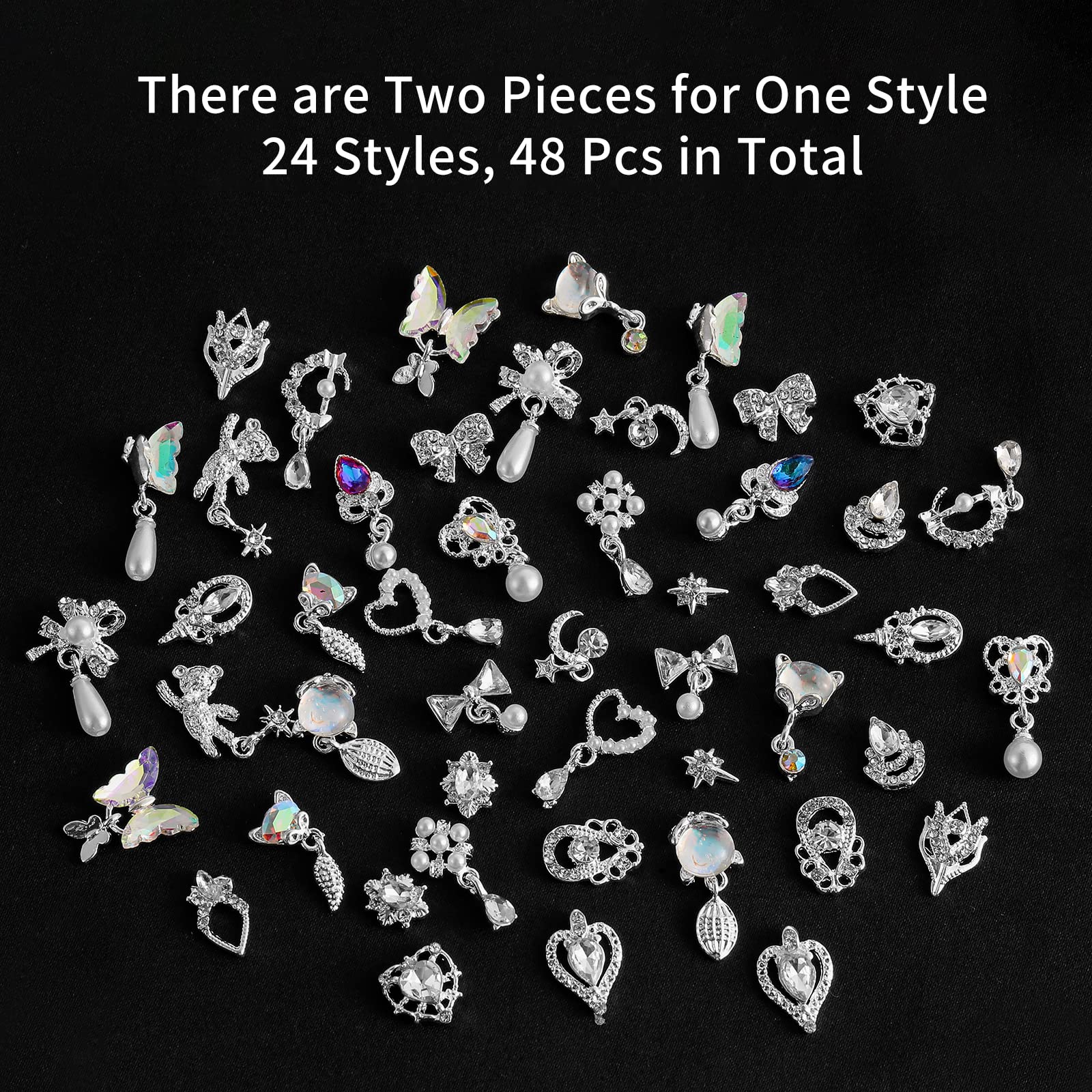 48 Pcs Dangle Nail Charms Luxury Rhinestones For Nails Heart Charms Silver Nail Gems Crystal Metal Nail Diamonds Stones For 3D N
