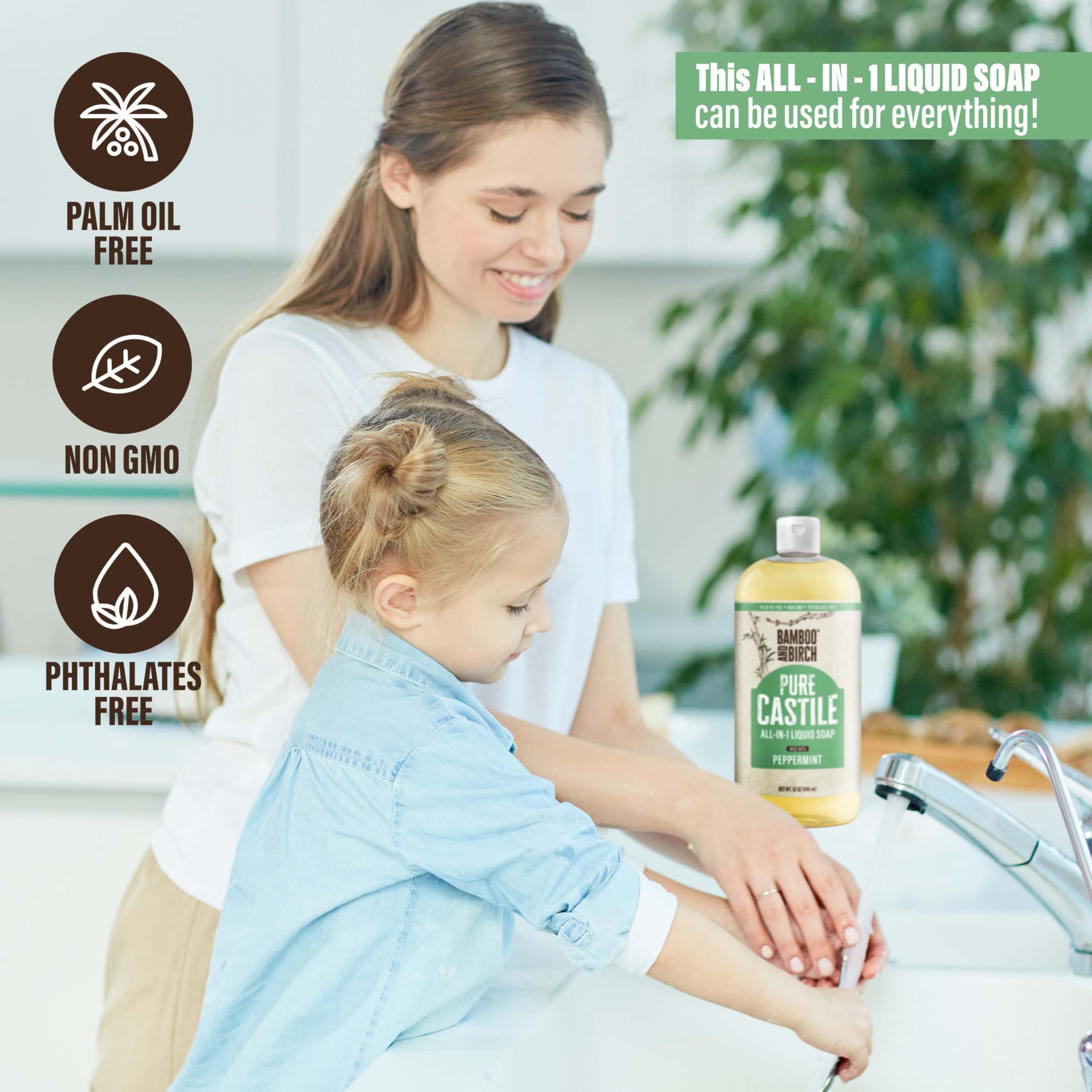 Bamboo And Birch Pure Castile Soap Liquid Organic, Certified Palm Oil Free Natural Soap, Peppermint, 32 Oz