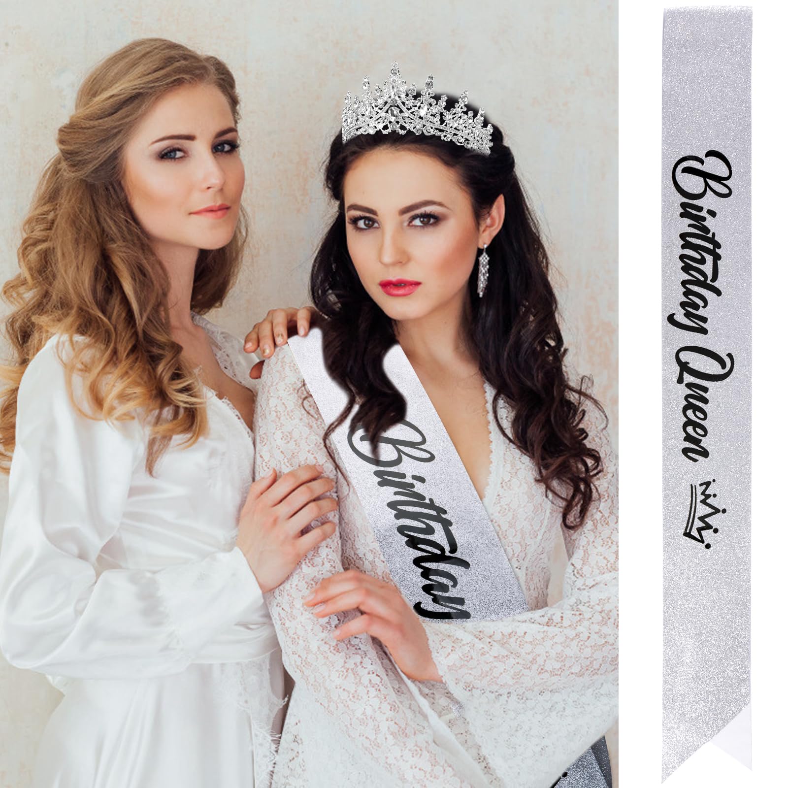 Velscrun Birthday Queen Tiara Crowns For Women Girls Silver Crystal Birthday Queen Headband Sash Elegant Princess Crown Happy Bi