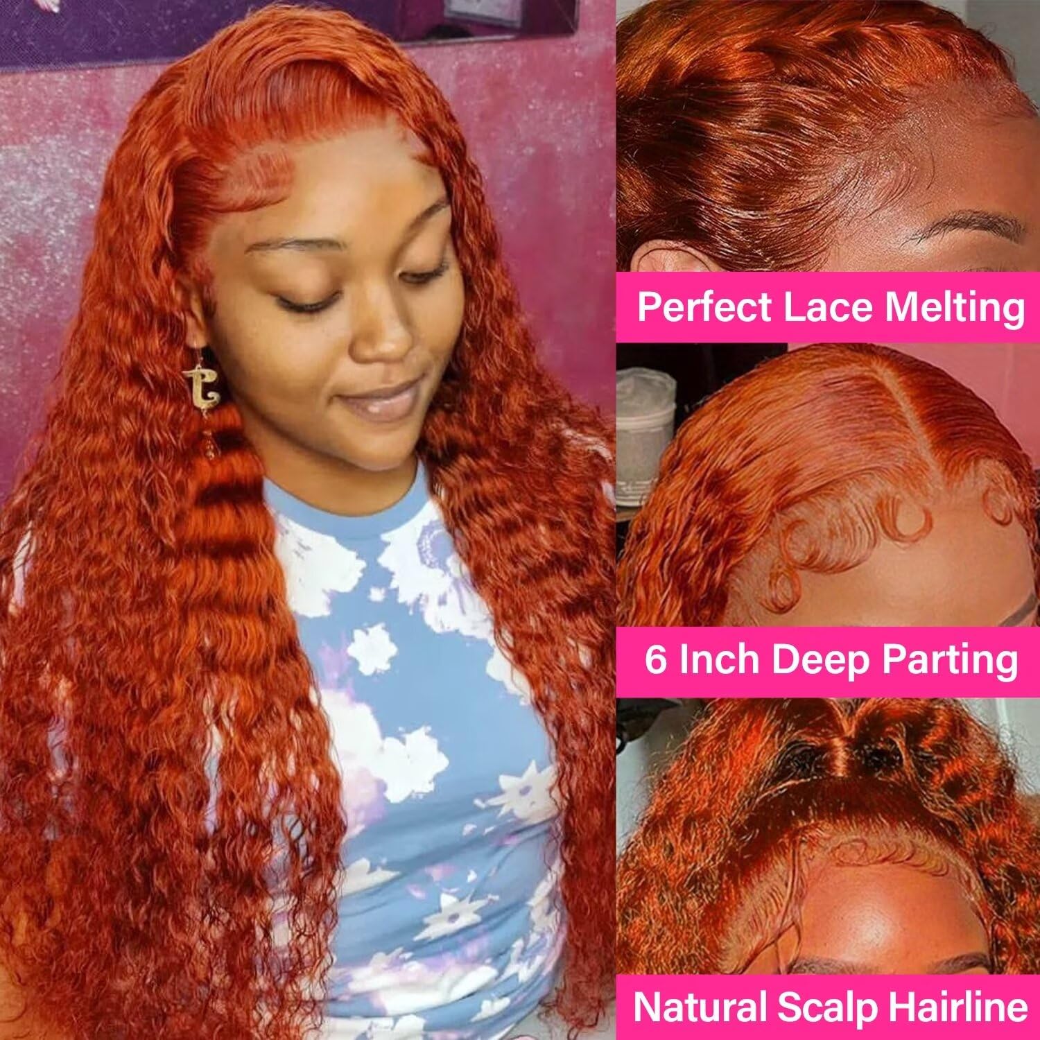 34 Inch 13X6 Lace Front Wig Human Hair Curly Ginger Hd Lace Front Wig Human Hair For Women 180% Density Orange Brazilian Deep Wa