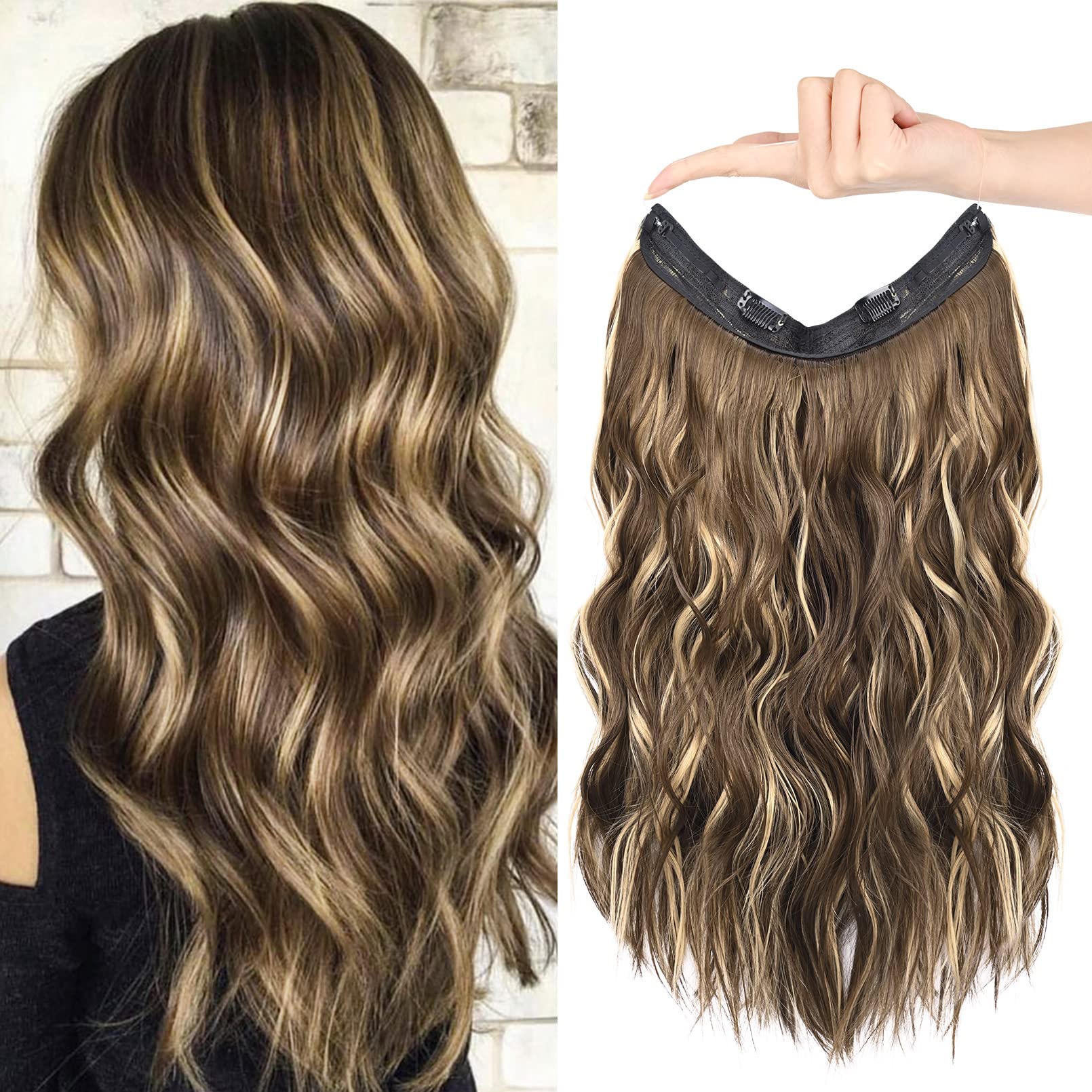 HOOJIH Wire Hair Extensions with 2 Removable Clips 20 Inch Wavy Curly Hair Invisiable Transparent Wire Extensions Hairpieces for