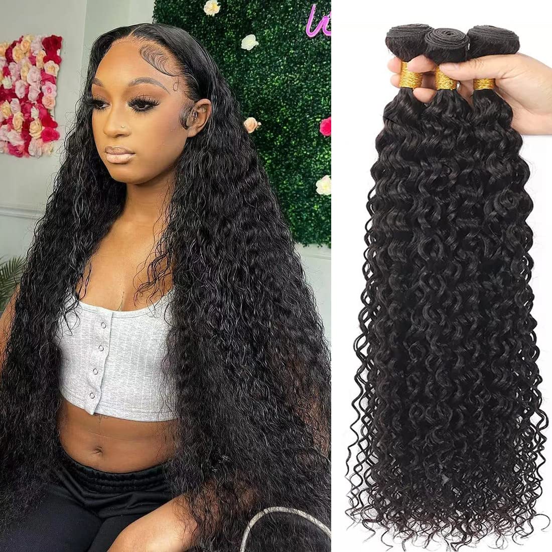 Water Wave Human Hair Bundles Unprocessed Brazilian Hair 3 Bundles(24 26 28 Inch)10A Grade Water Curly Human Hair Bundles Hair W