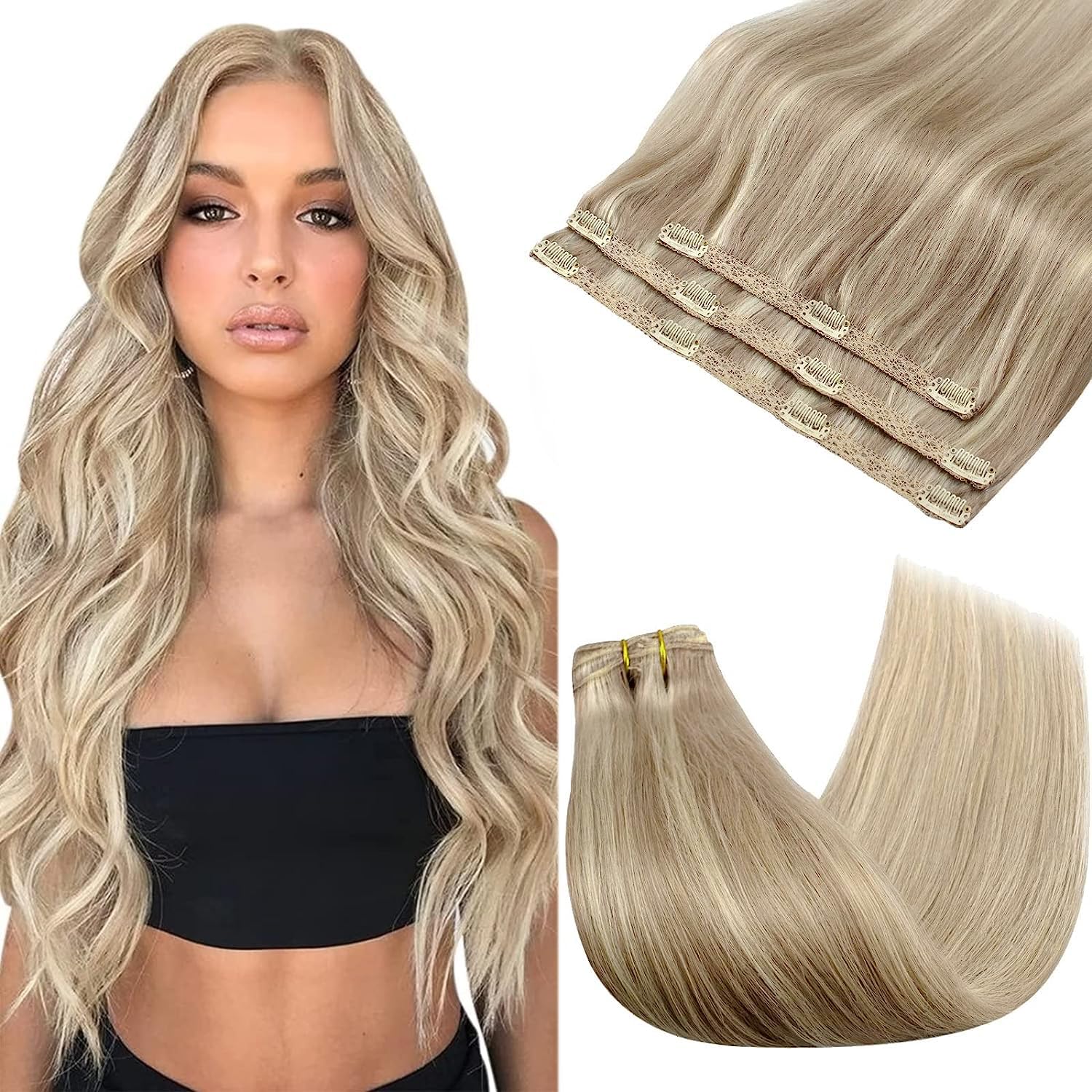 Sunny 3 Pieces Blonde Clip in Hair Extensions Real Human Hair Ash Blonde Clip in Extensions Highlights Hair Extensions Clip ins 