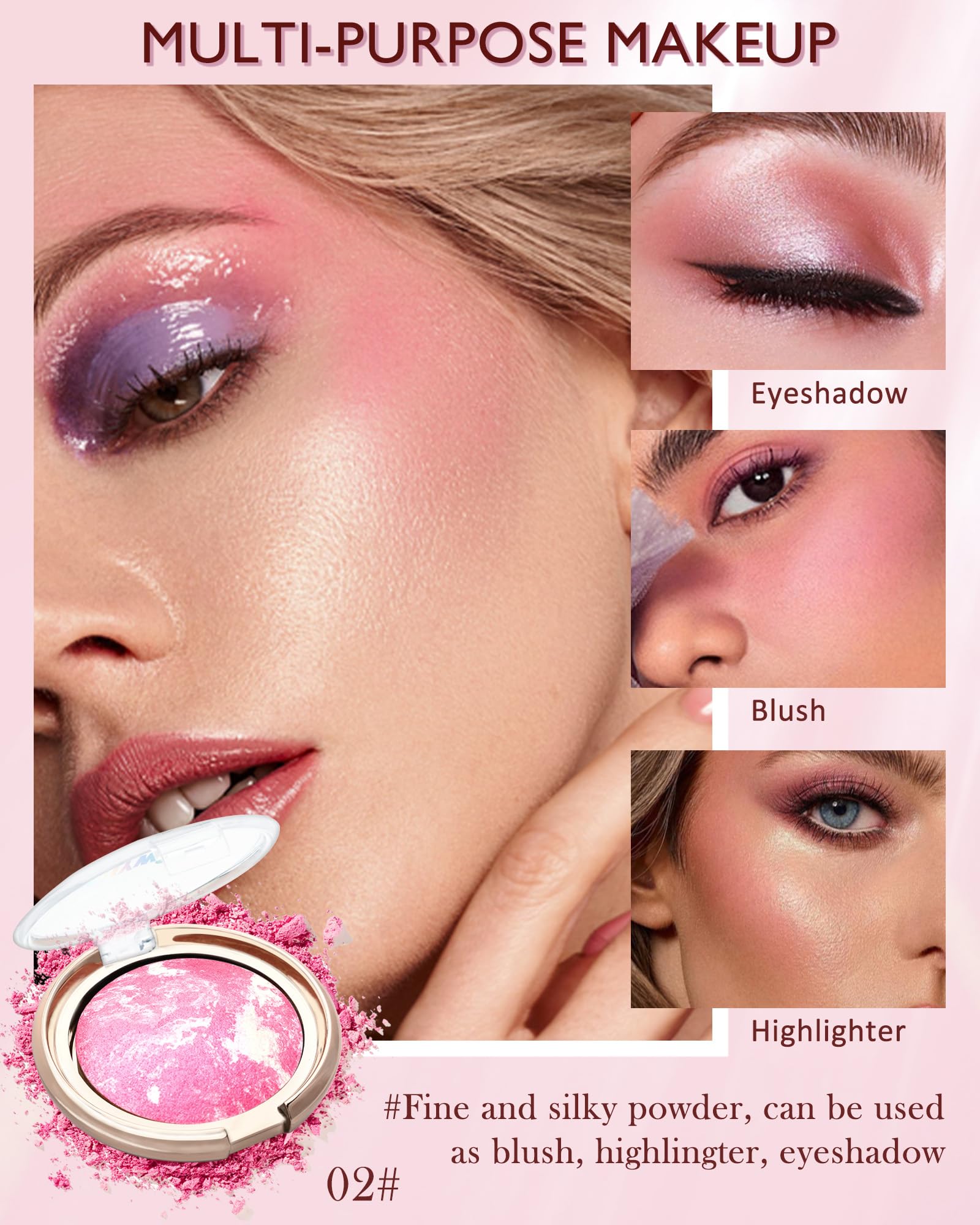 Baked Powder Blush-Brighten Glow Marbleized Blush Powder Palette,Lightweight Shimmery Cruelty-Free Face Blush For Cheeks,Eyeshad