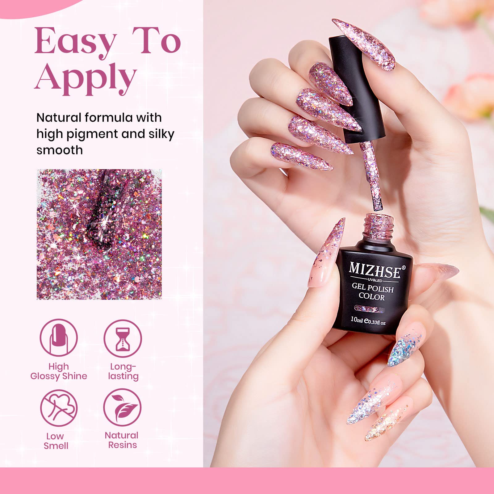 Mizhse Glitter Gel Nail Polish Pink Sparkly Diamond Holographic Effect Soak Off Uv Led Nail Gel Polish Chunky Gel Home Diy Nail