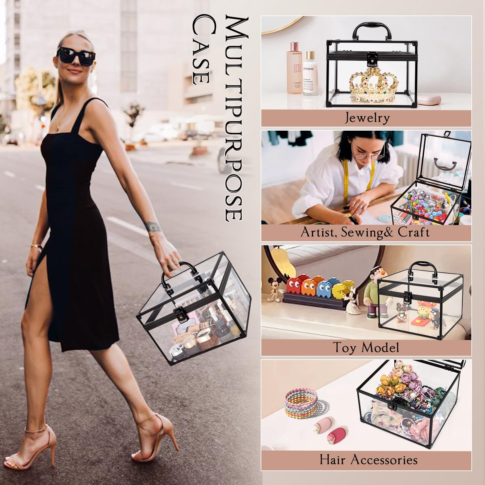 Costravio Makeup Display Clear Clear Makeup Case Portable Transparent Artists Train Case Crown Box Large Capacity Toiletry Organ