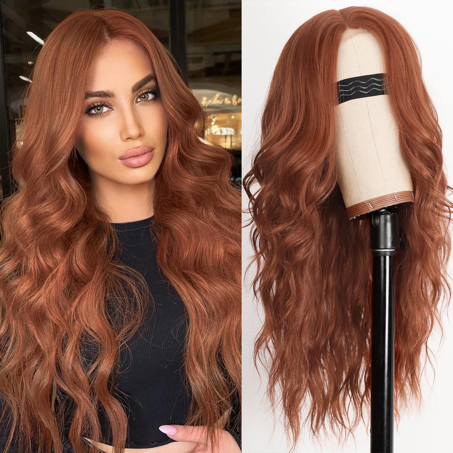 AISI HAIR Auburn Wigs for Women, Long Wavy Lace Hairline Wig, Middle Part Synthetic Heat Resistant Wig for Daily Party