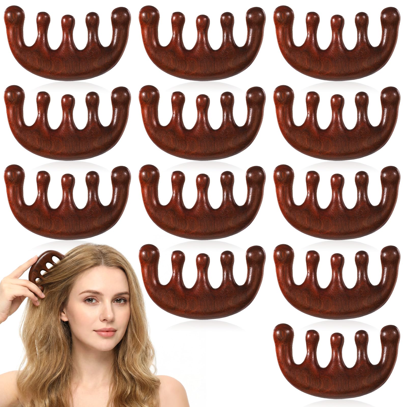 12 Pcs Wooden Scalp Massager  Handmade Natural Green Sandalwood Wide Tooth Combs  Wood Massage Comb & Sandalwood Comb for Hair