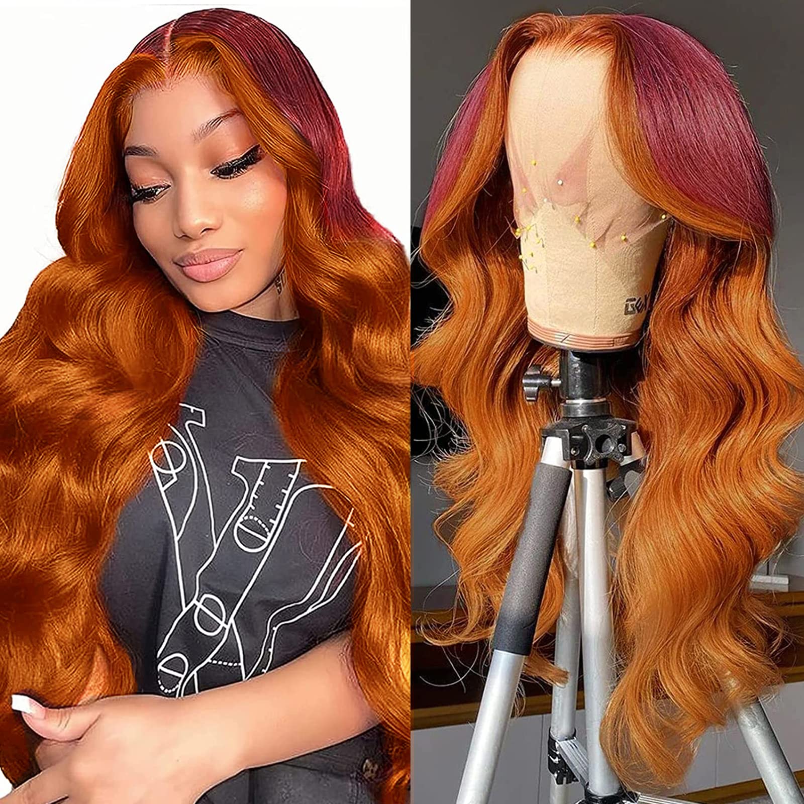 haha Ginger Ombre Lace Front Wig Human Hair 13x4 Hd Lace Frontal Wig Body Wave Red Orange Skunk Stripe Wig Human Hair Highlight