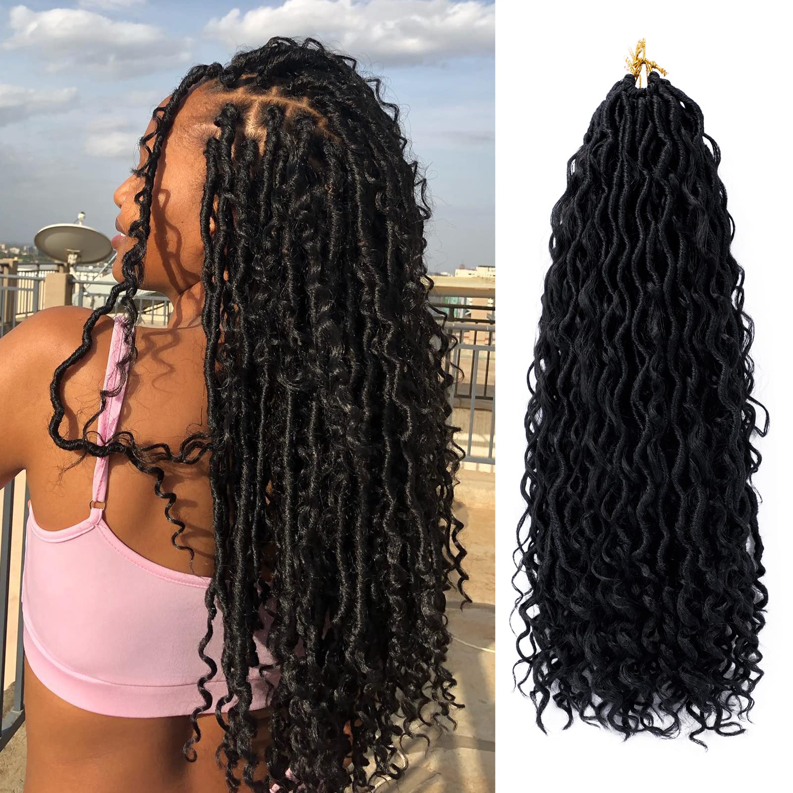 Goddess Locs Crochet Hair 18 Inch 7 Packs Boho Faux Locs Crochet Hair for Black Women Pre Looped Crochet Locs with Curly Ends (#