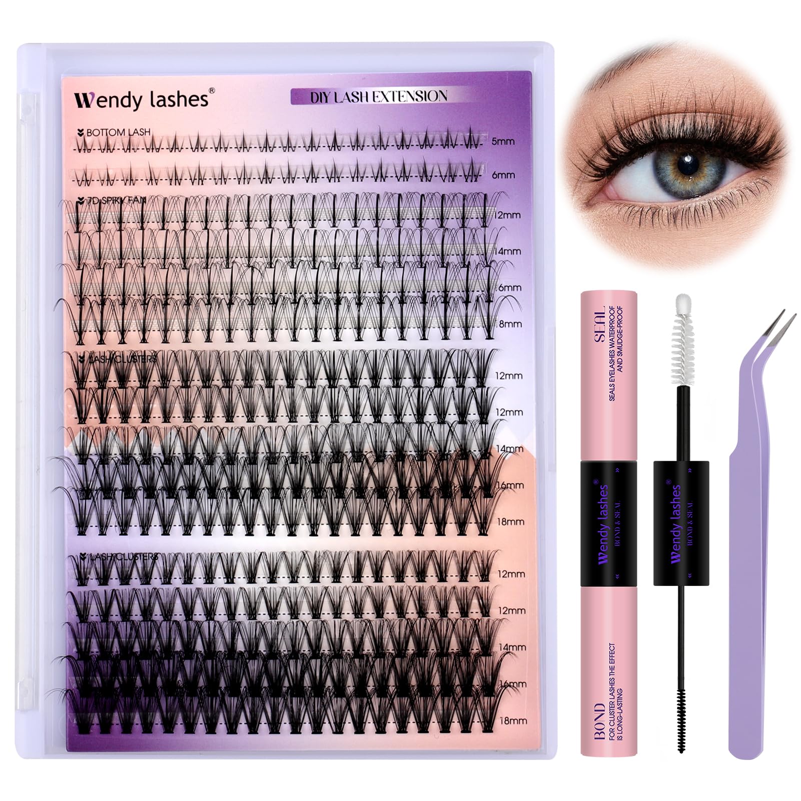 DIY Lash Extension Kit Lash Clusters With Bottom Lashes 20/30/40/50D 12-18mm Multi-types Individual Lashes Bond and Seal, Spike,
