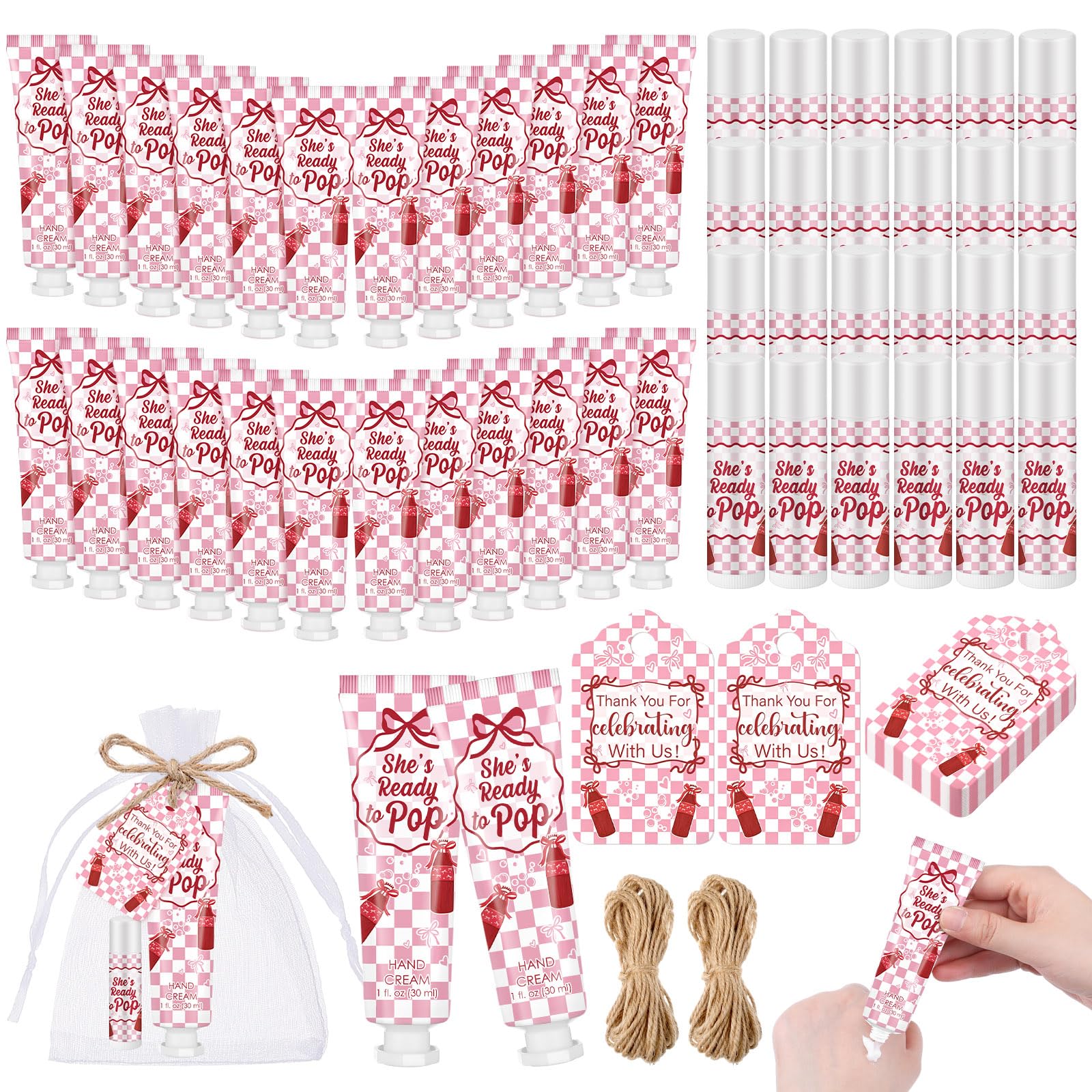 Lounsweer 24 Sets She s Ready to Pop Baby Shower Hand Cream and Lip Balm Gift Red White Checkered Baby Shower Party Favors for