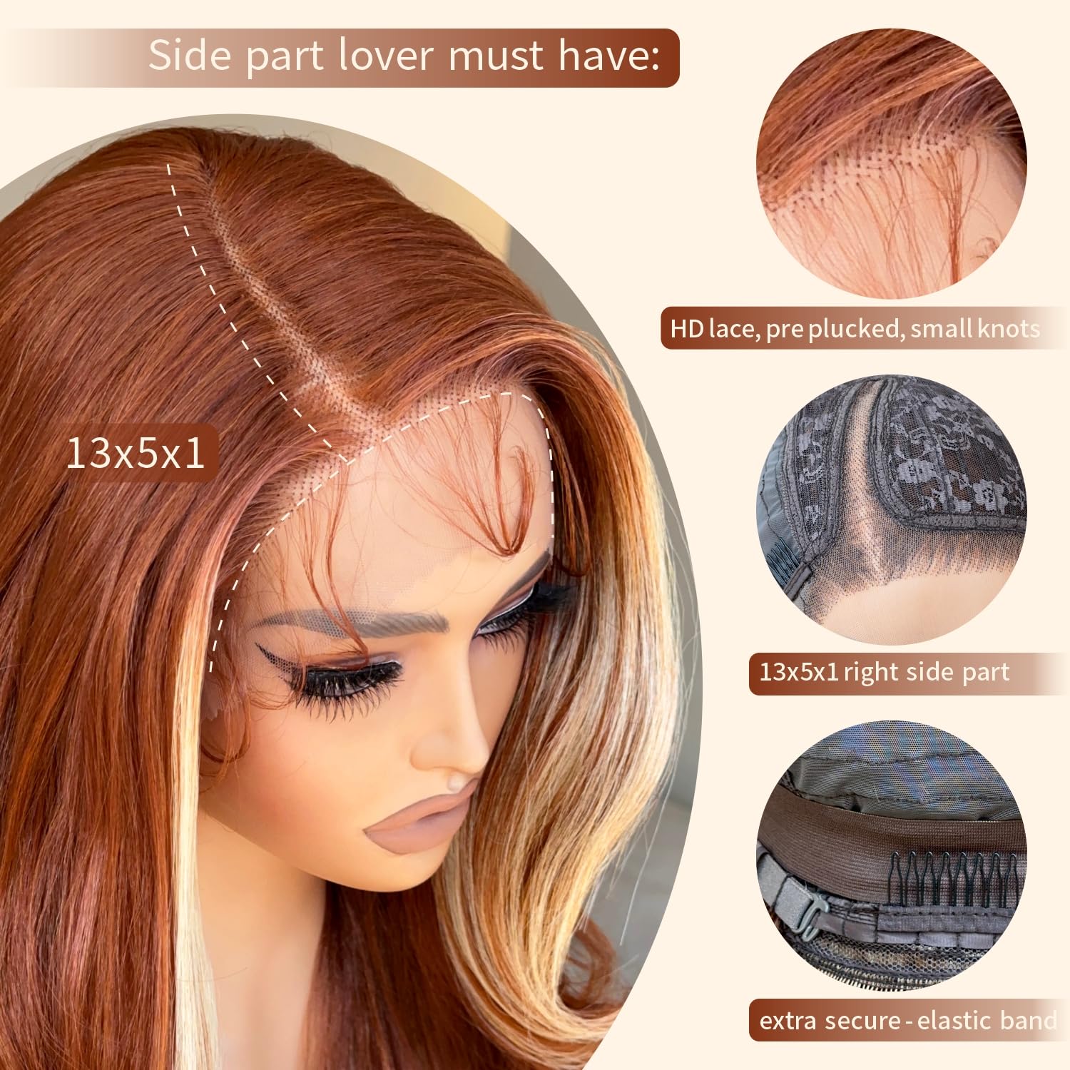 Brownbomb Ginger Skunk Stripe Wig Lace Front Wig, Ginger Brown Skunk Stripe Lace Front Wig Pre Plucked Ready To Wear, Synthetic