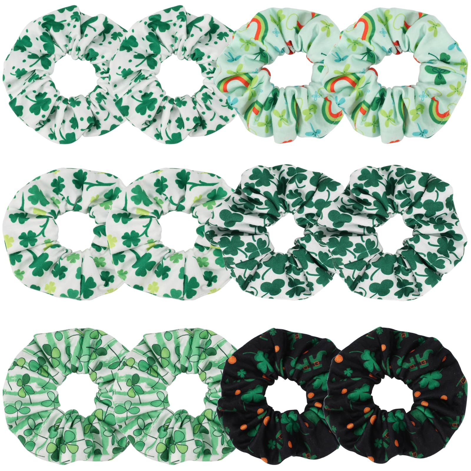 Green Shamrock and Rainbow Elastic Hair Scrunchies - 12PCS Gifts for Women & Teen Girls, St. Patrick 's Day Decor Hair Accessori
