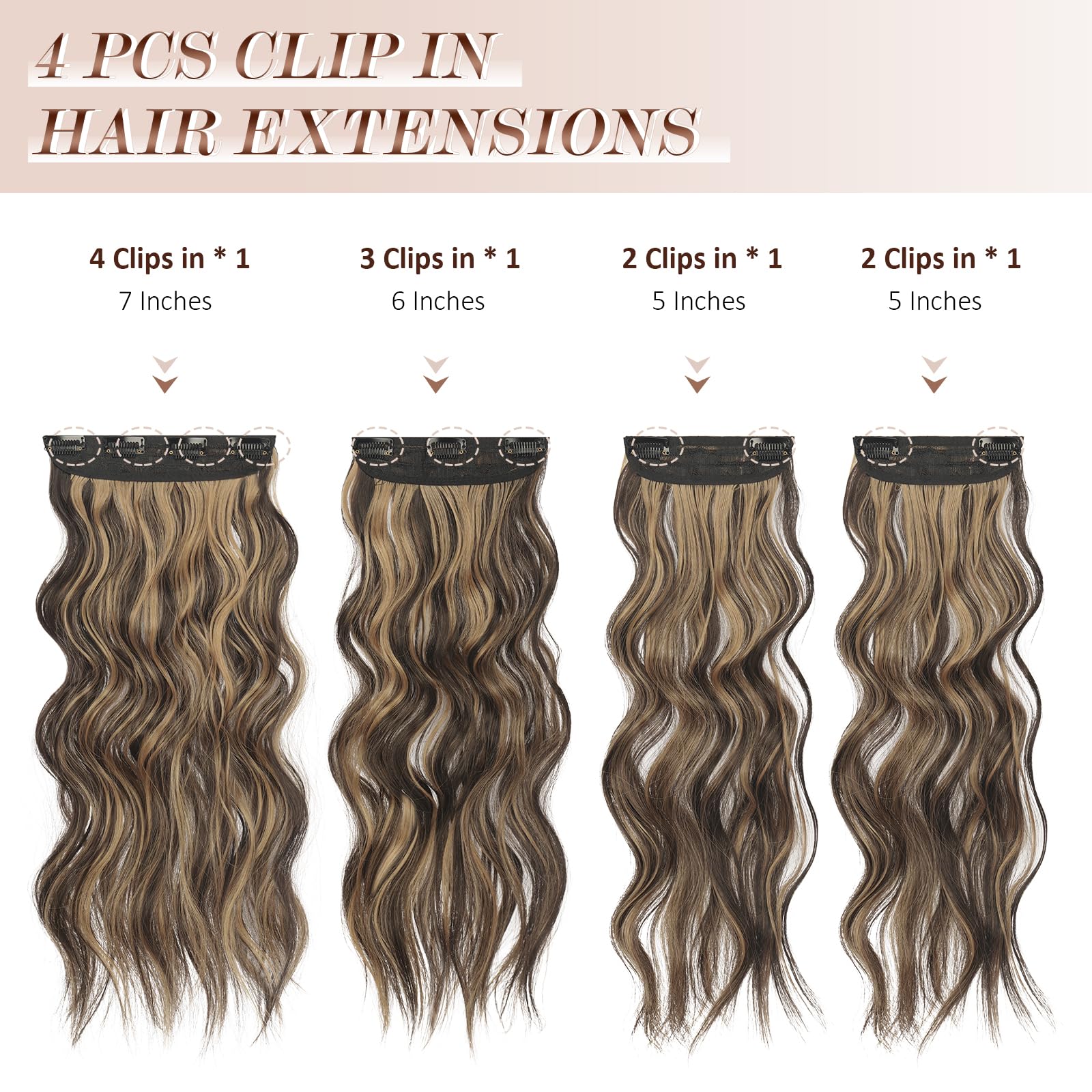 FESHFEN Clip in Hair Extensions - 4 PCS Long Wavy Clip in Hairpieces Full Head Synthetic Hair Extension for Women, 20 Inch Brown
